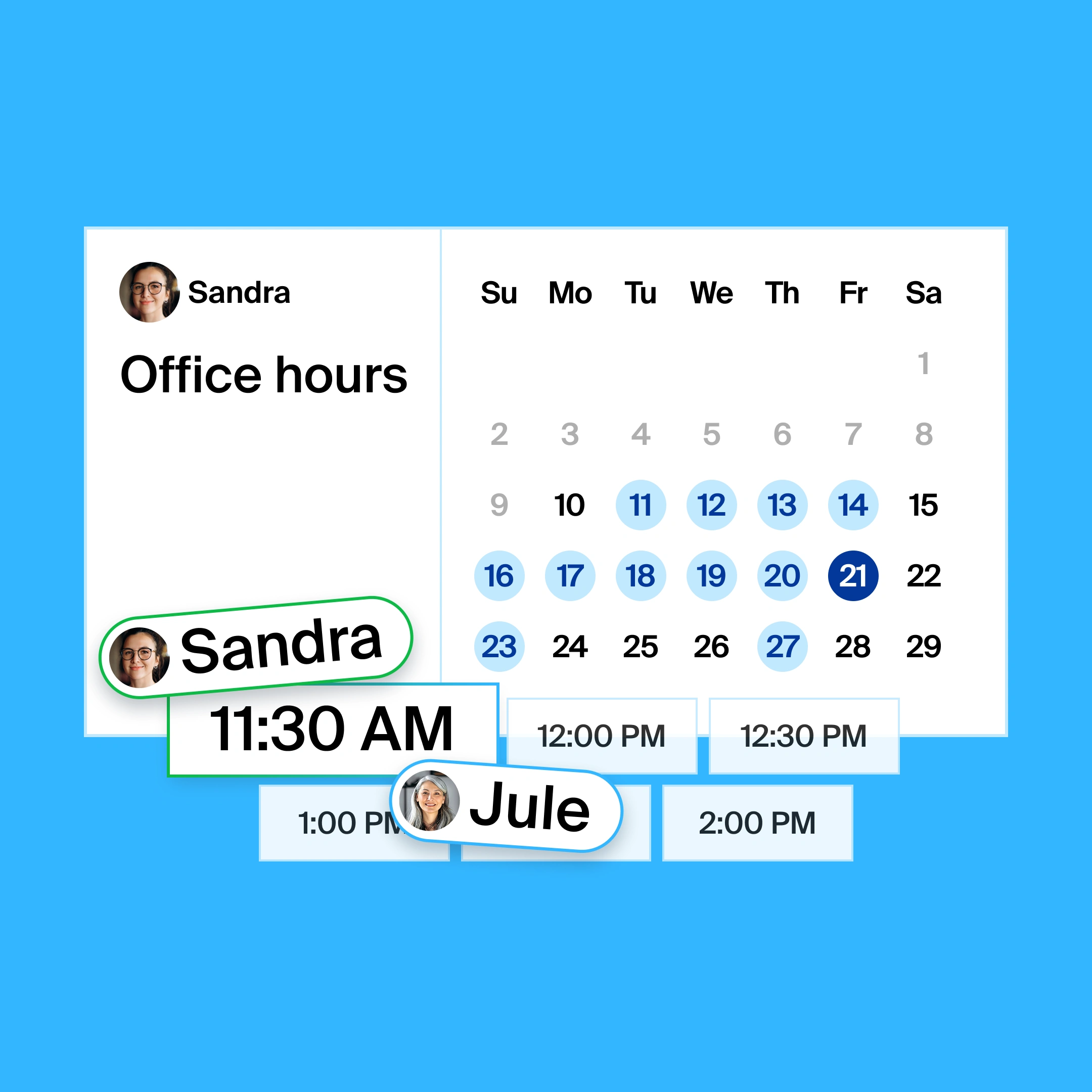 A booking page graphic with the calendar view for office hours. Two people found 11:30am on a Friday to meet.