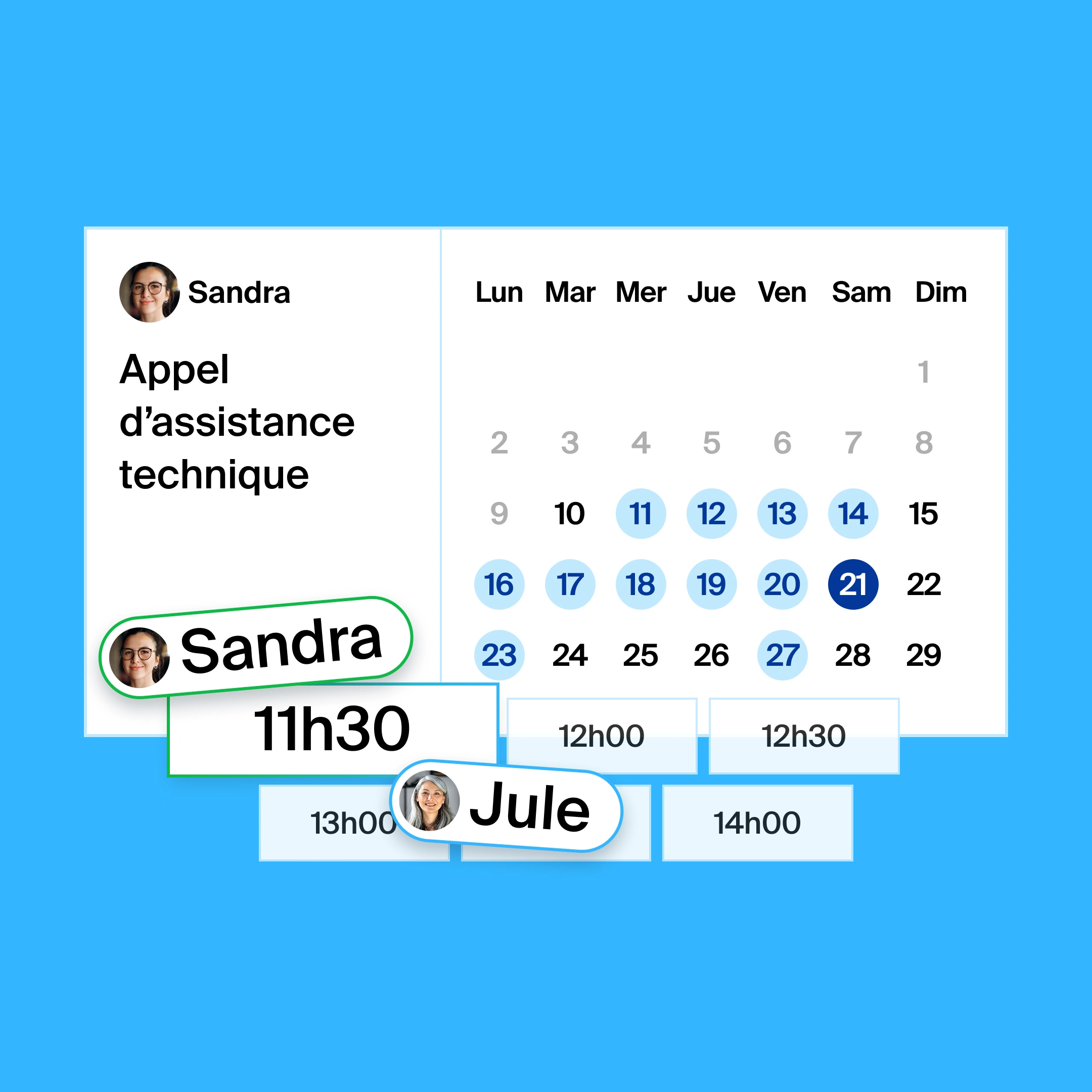 a booking page for a technical assistance call, where the organizer and participant found 11:30am as the common meeting time