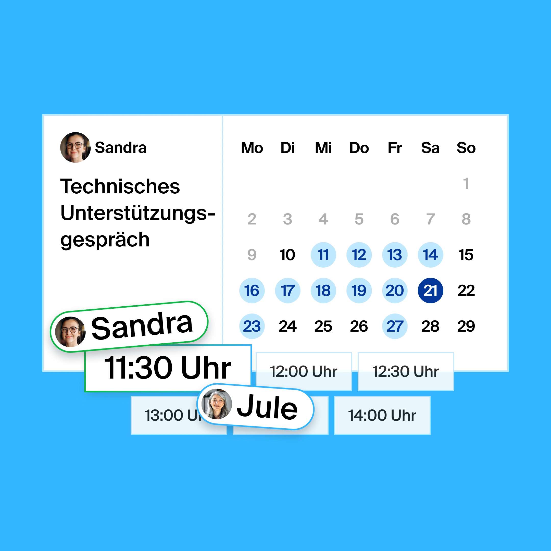 a booking page for a technical assistance call, where the organizer and participant found 11:30am as the common meeting time