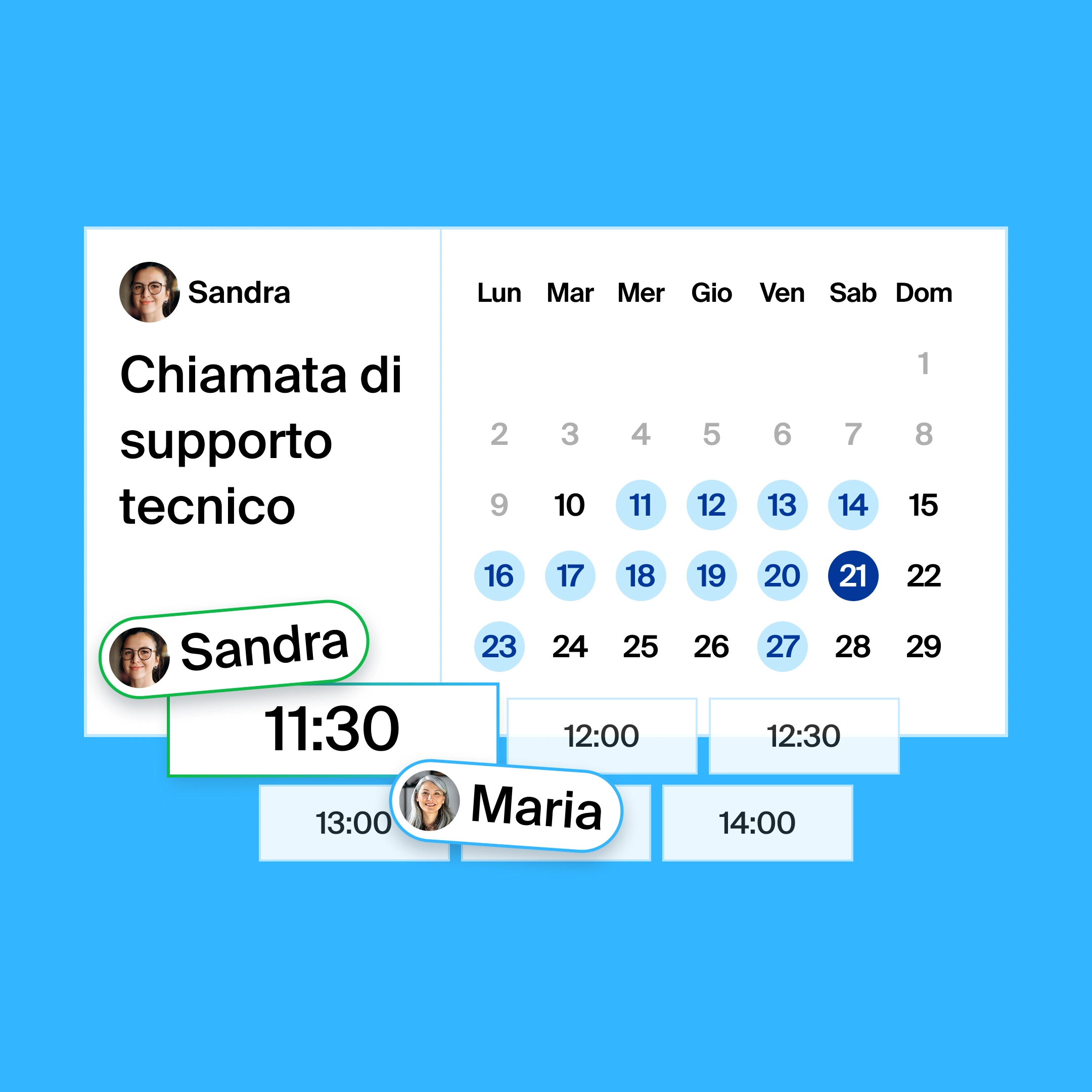 a booking page for a technical assistance call, where the organizer and participant found 11:30am as the common meeting time