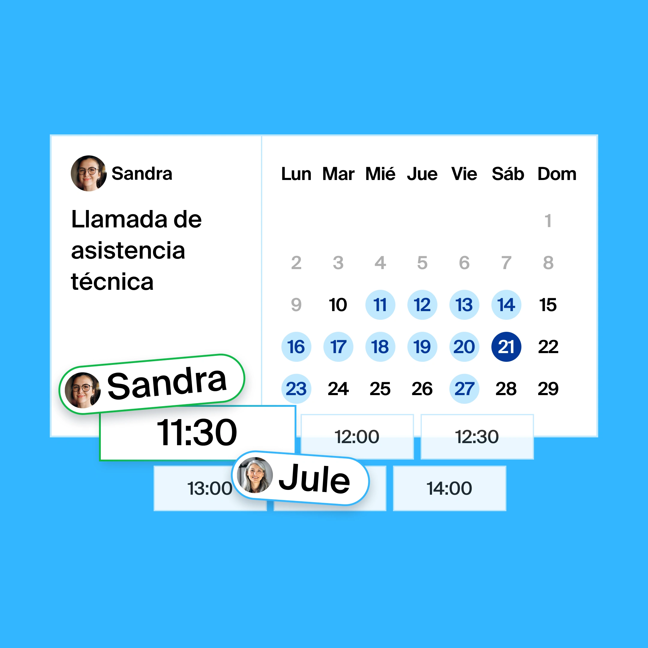 a booking page for a technical assistance call, where the organizer and participant found 11:30am as the common meeting time