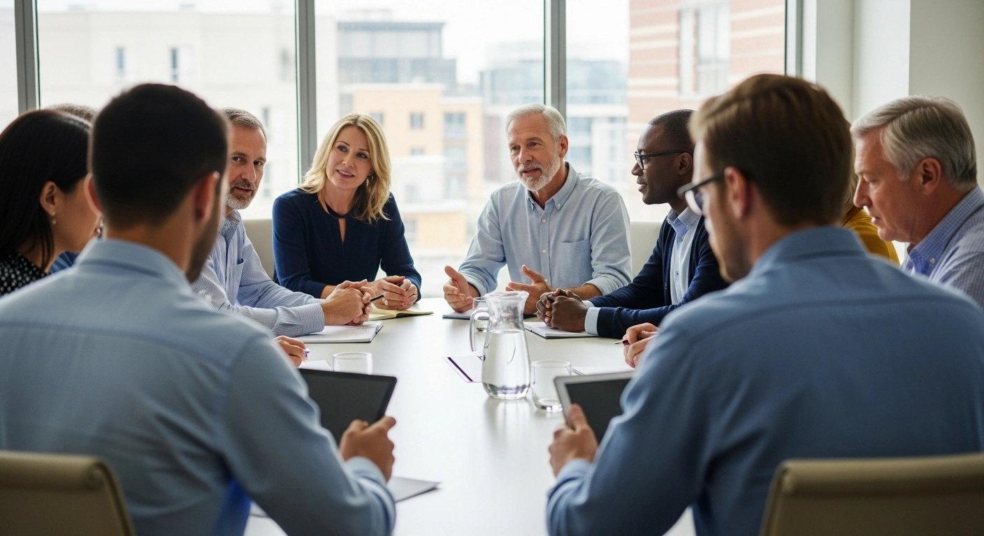 A diverse group of hospital managers and volunteer advisors actively engaging in a meeting. They are using tablets and phones in a hospital meeting room with large windows overlooking an urban environment.