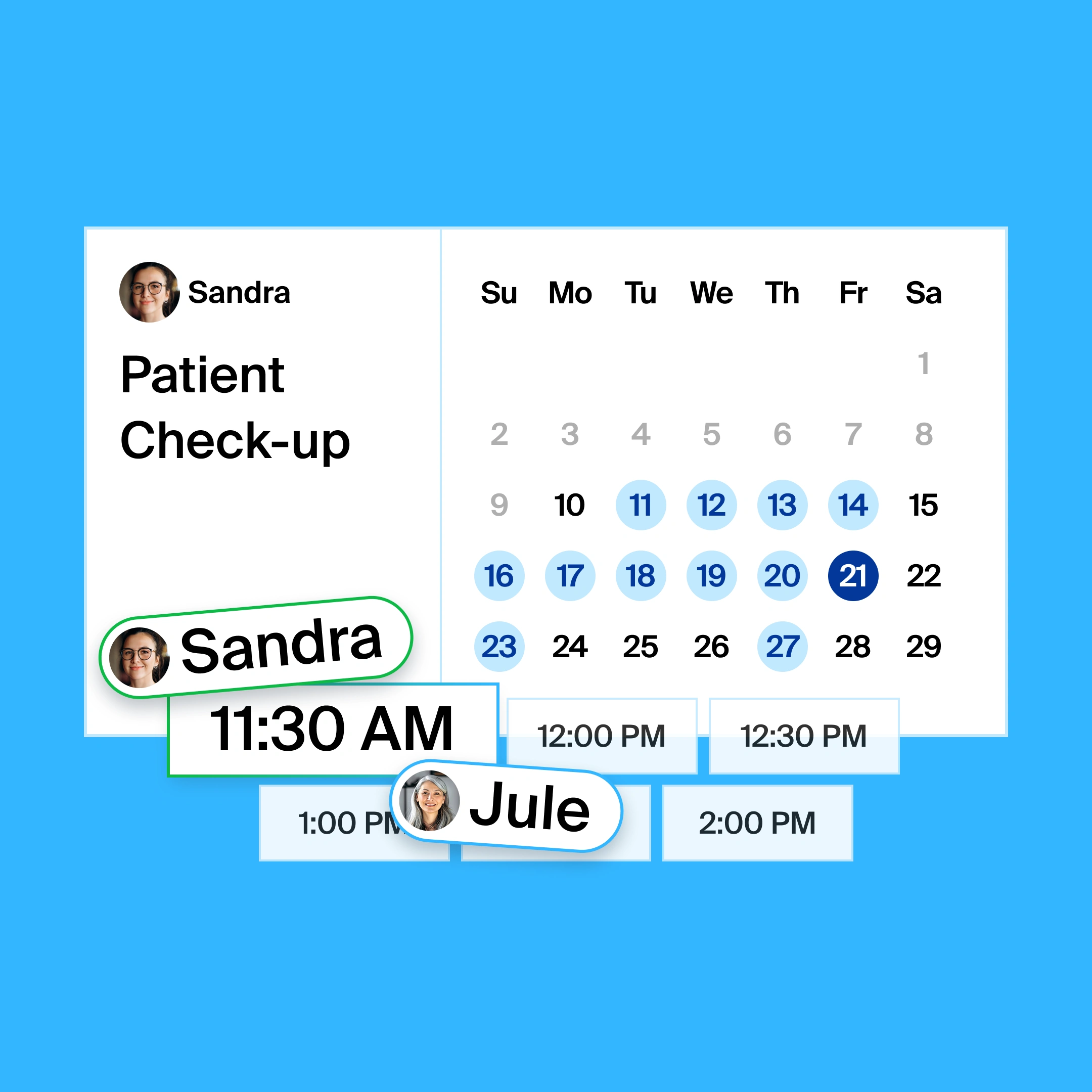 a booking page for a patient check-up, where the organizer and participant found 11:30am as the common meeting time