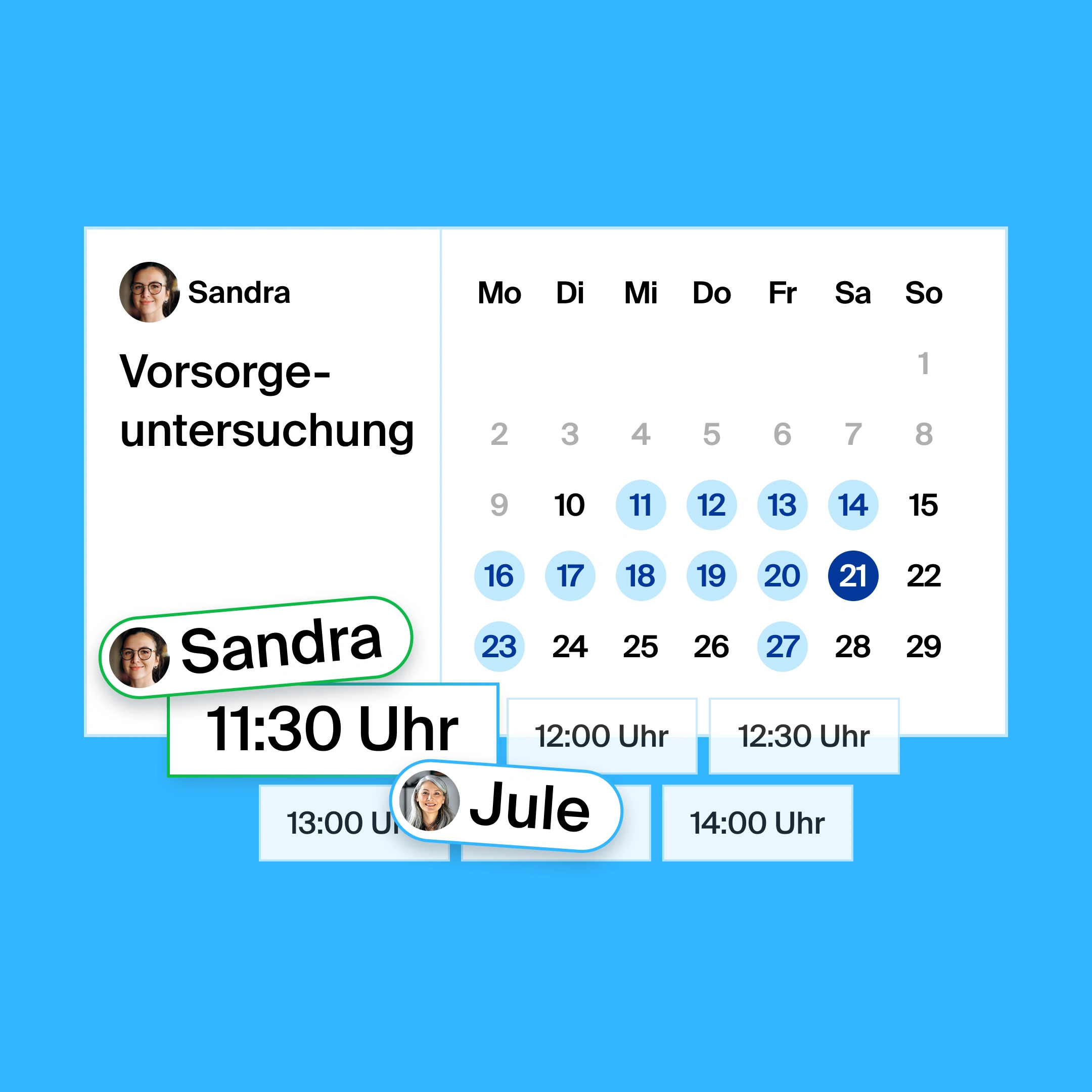 a booking page for a patient check-up, where the organizer and participant found 11:30am as the common meeting time