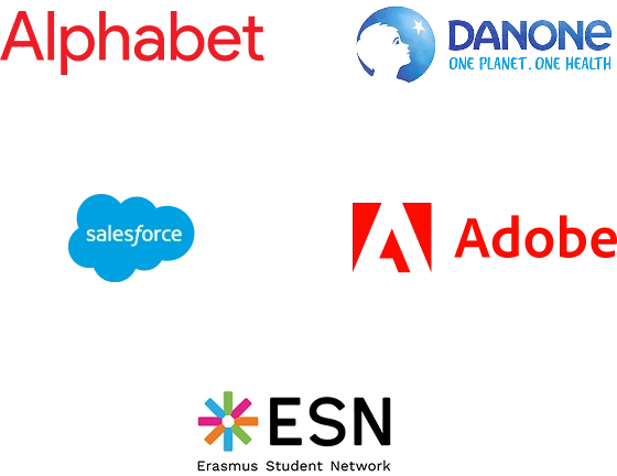 A group of logos including Danone, Alphabet, Salesforce, Adobe, ESN