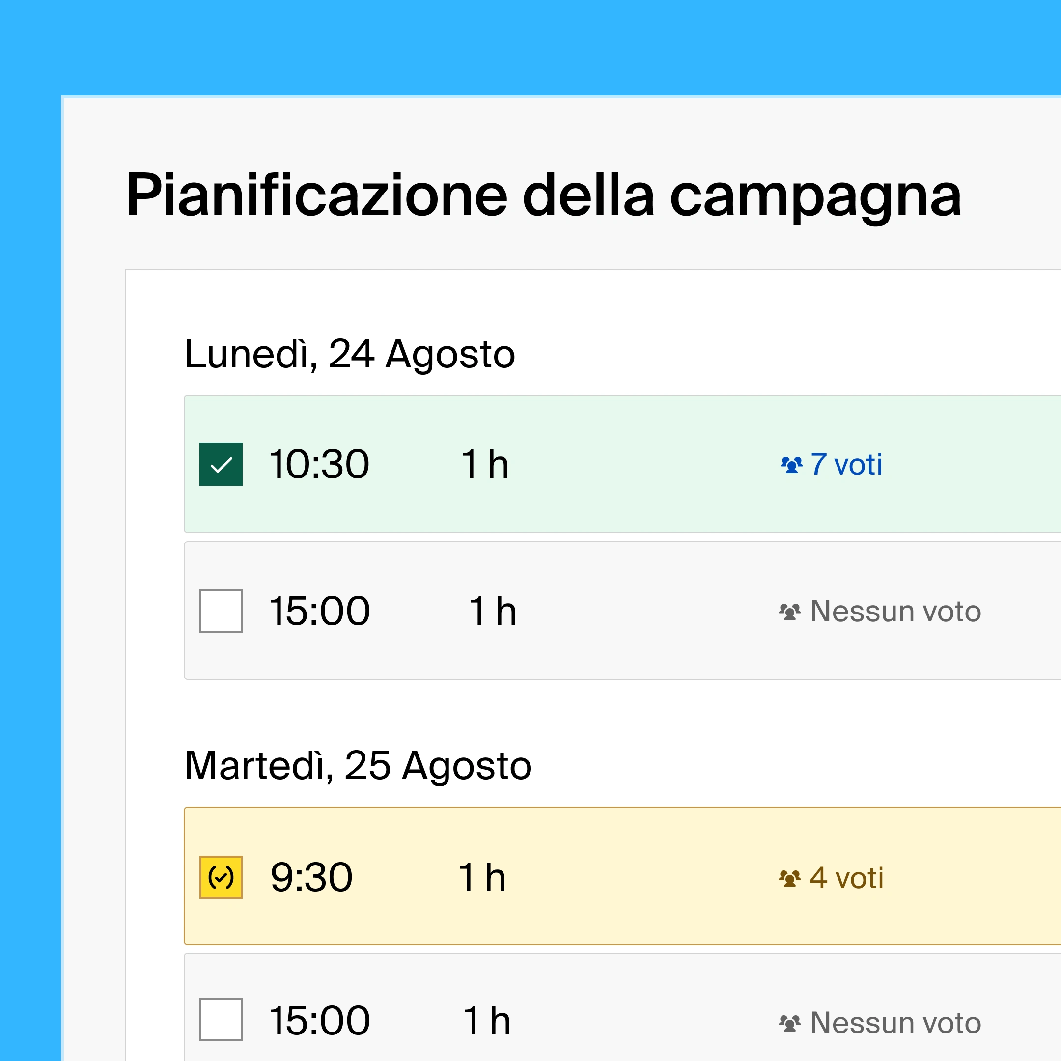A group poll with a list view of availabilities for a campaign planning meeting