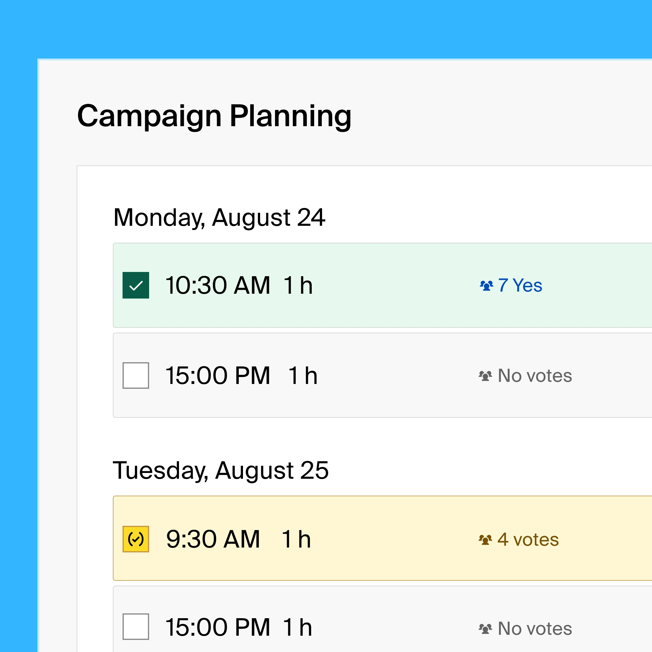 A group poll with a list view of availabilities for a campaign planning meeting
