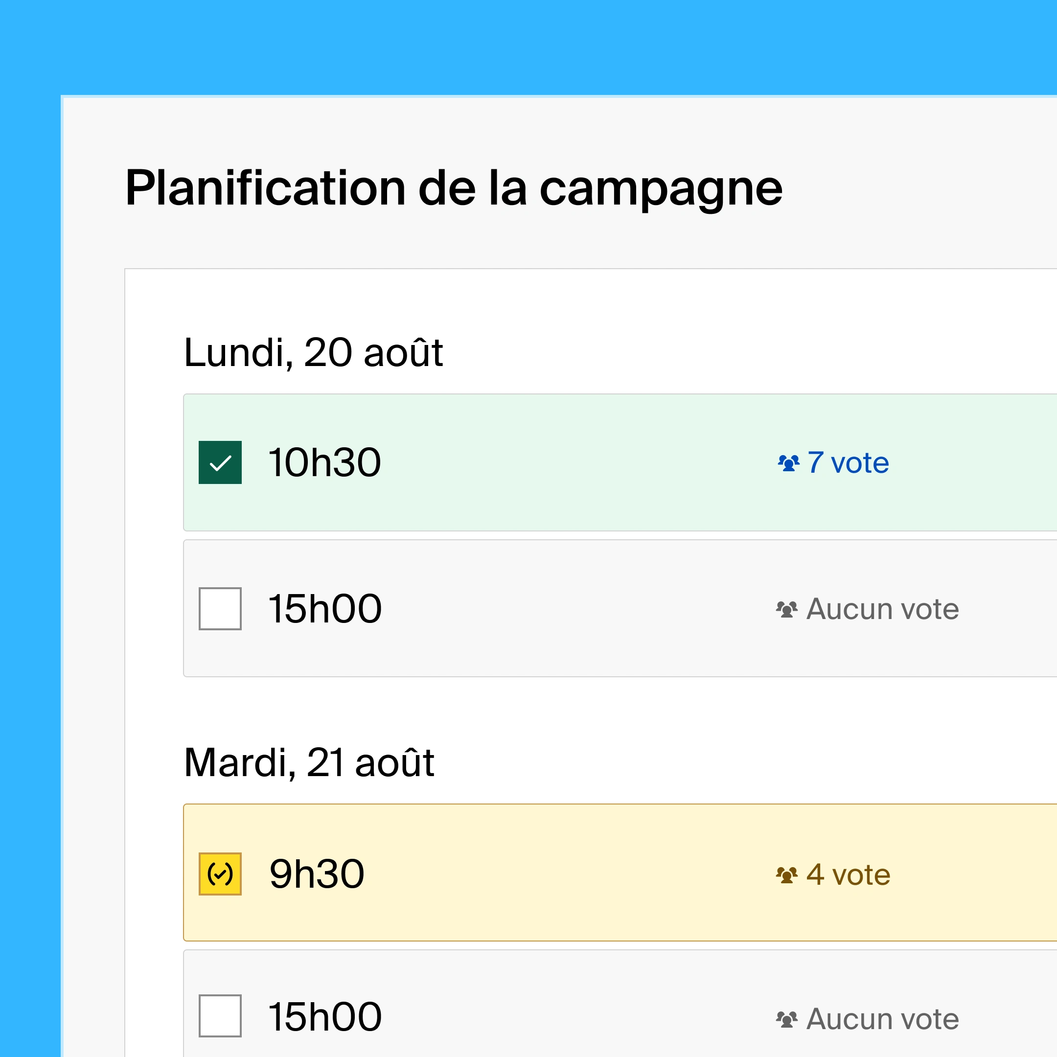 A group poll with a list view of availabilities for a campaign planning meeting