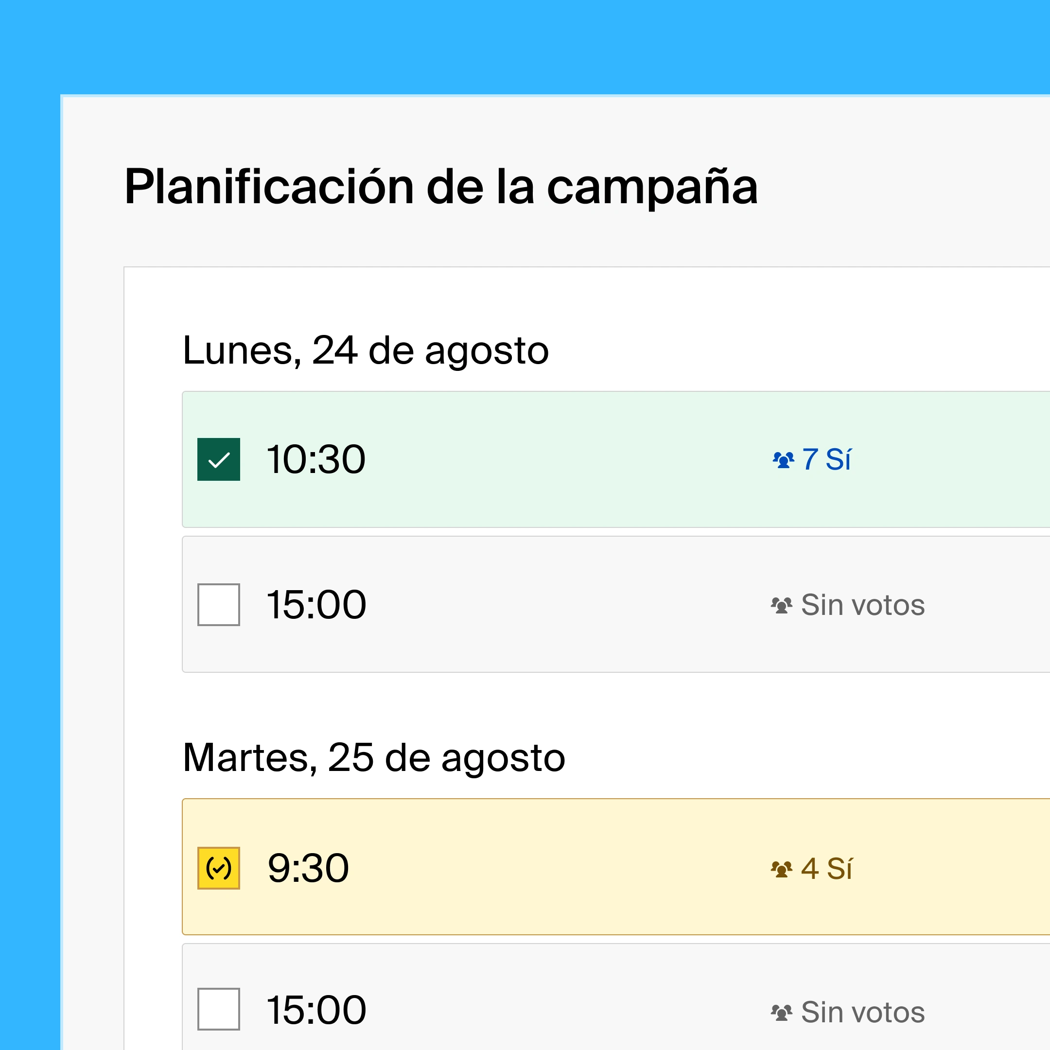 A group poll with a list view of availabilities for a campaign planning meeting