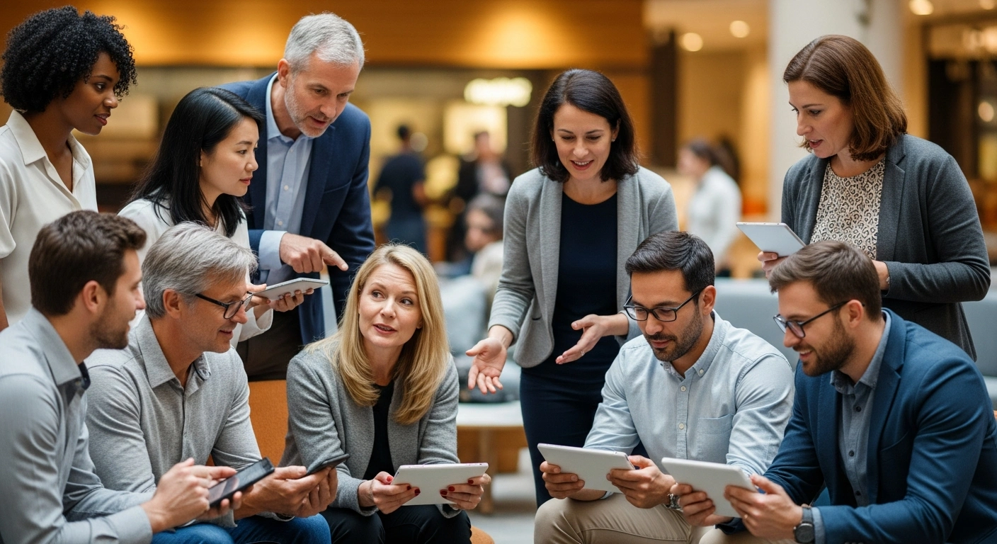 A diverse group of adults from procurement, IT, and finance engaged in a collaborative discussion in a modern community space, using digital devices for a live Group Poll.