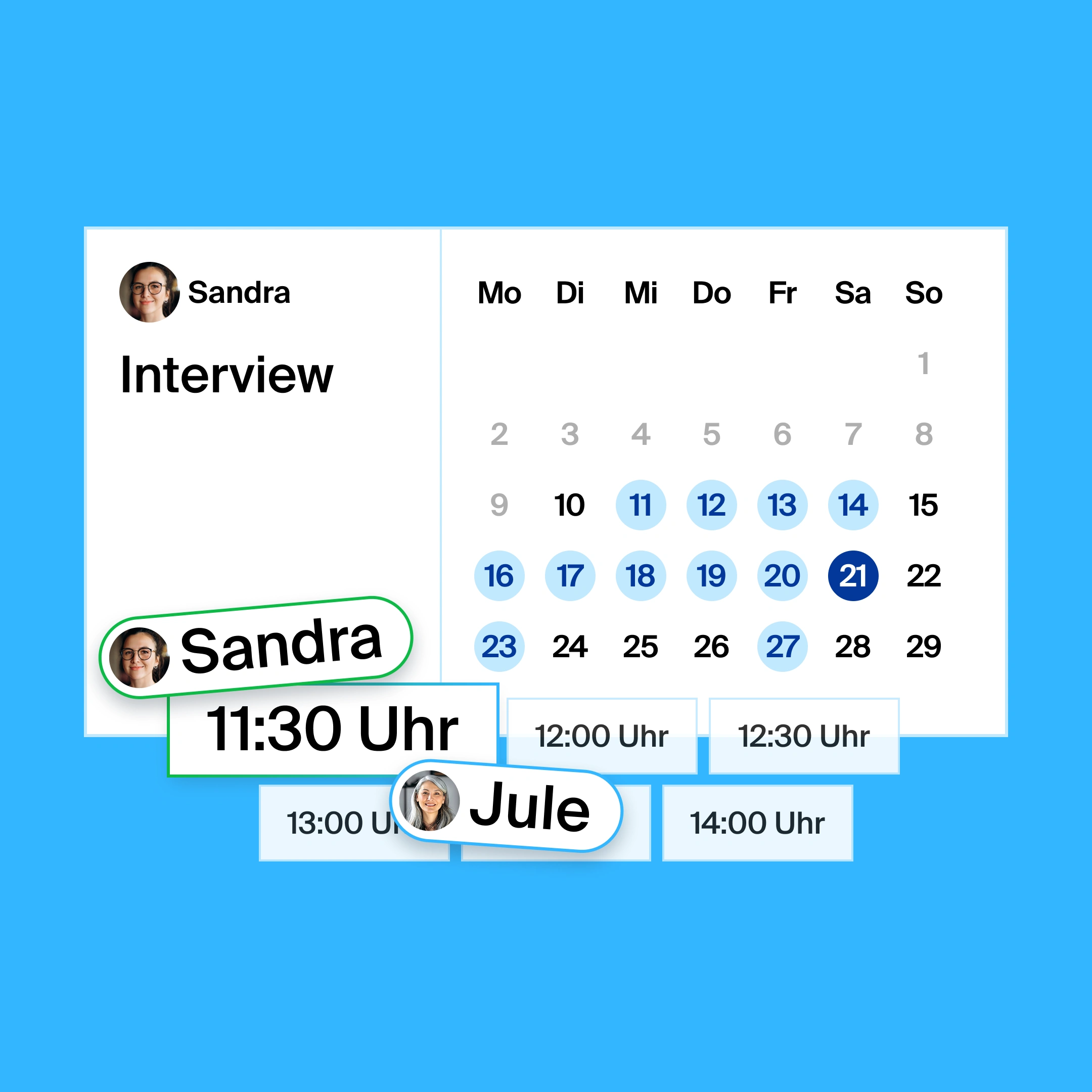 a booking page for an interview, where the organizer and participant found 11:30am as the common meeting time