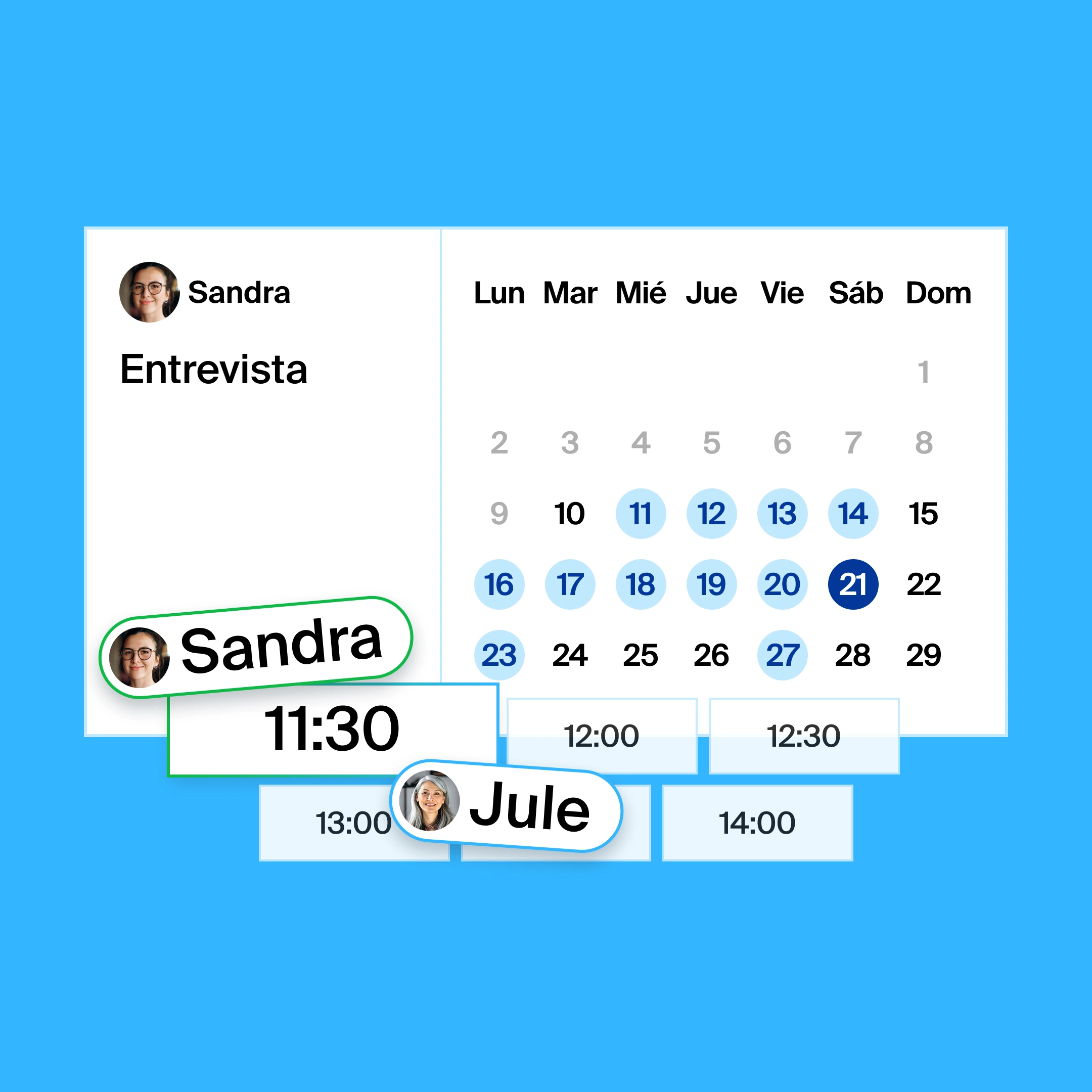 a booking page for an interview, where the organizer and participant found 11:30am as the common meeting time