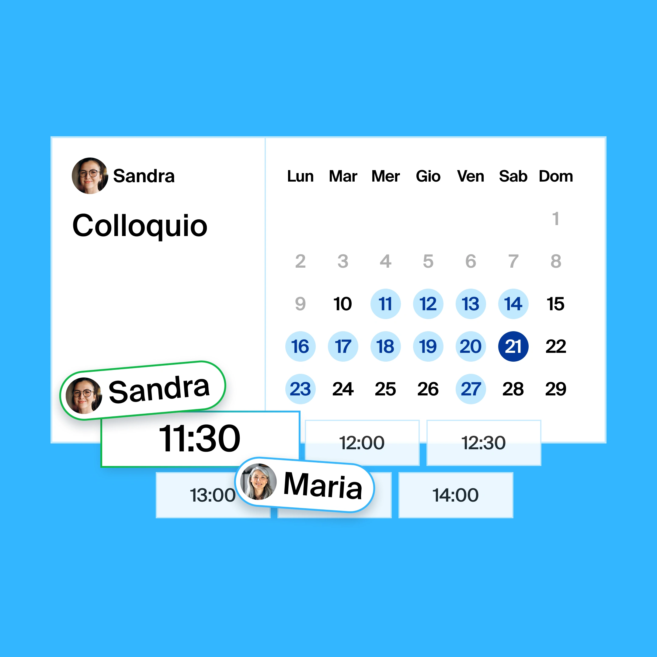 a booking page for an interview, where the organizer and participant found 11:30am as the common meeting time