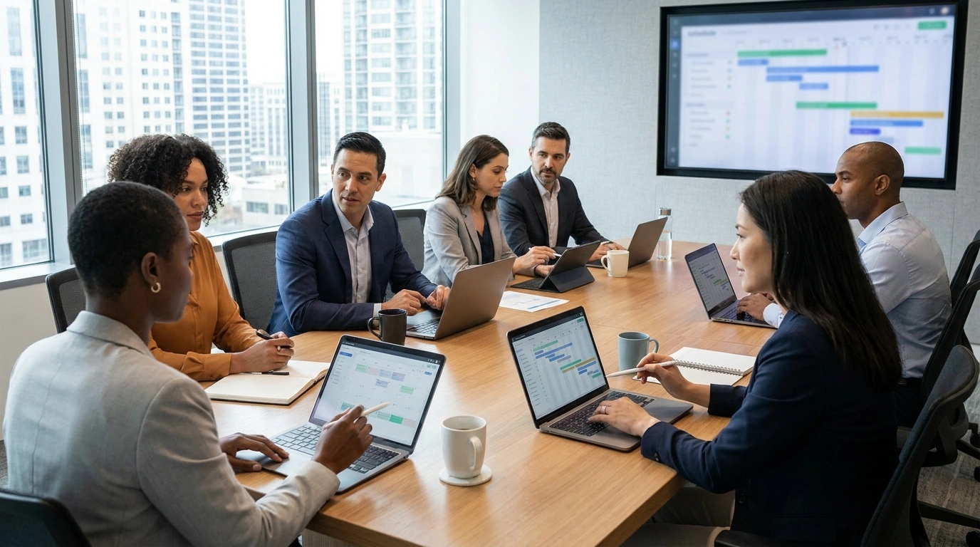 A diverse group of consulting professionals in a conference room using digital tools for scheduling.