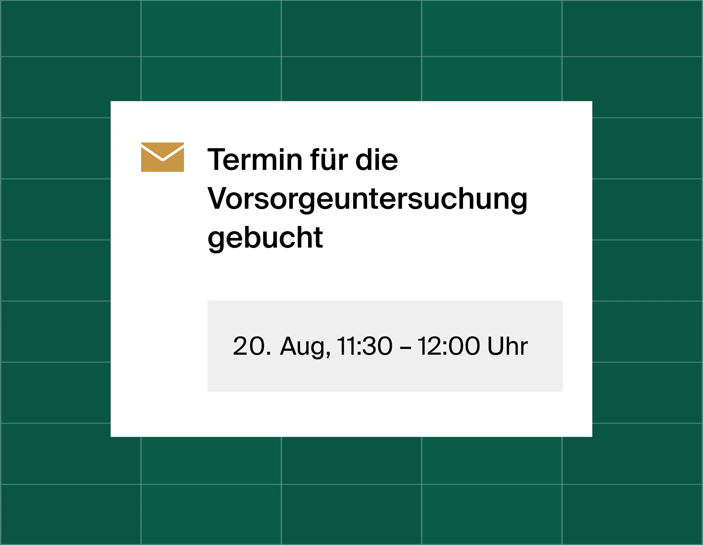 A graphic that shows an email reminder notification stating time booked for patient check-up at August 20, 11:30am