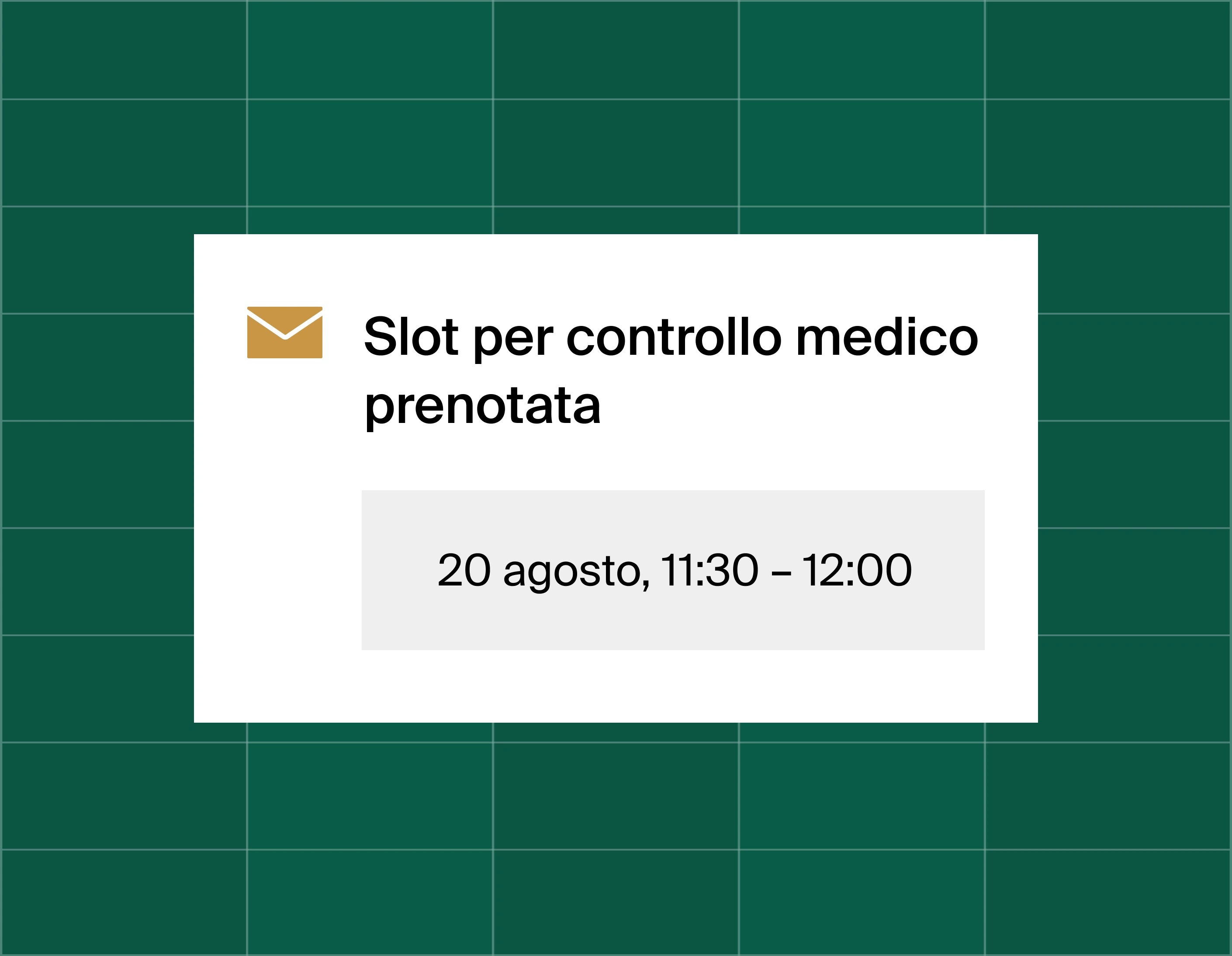 A graphic that shows an email reminder notification stating time booked for patient check-up at August 20, 11:30am
