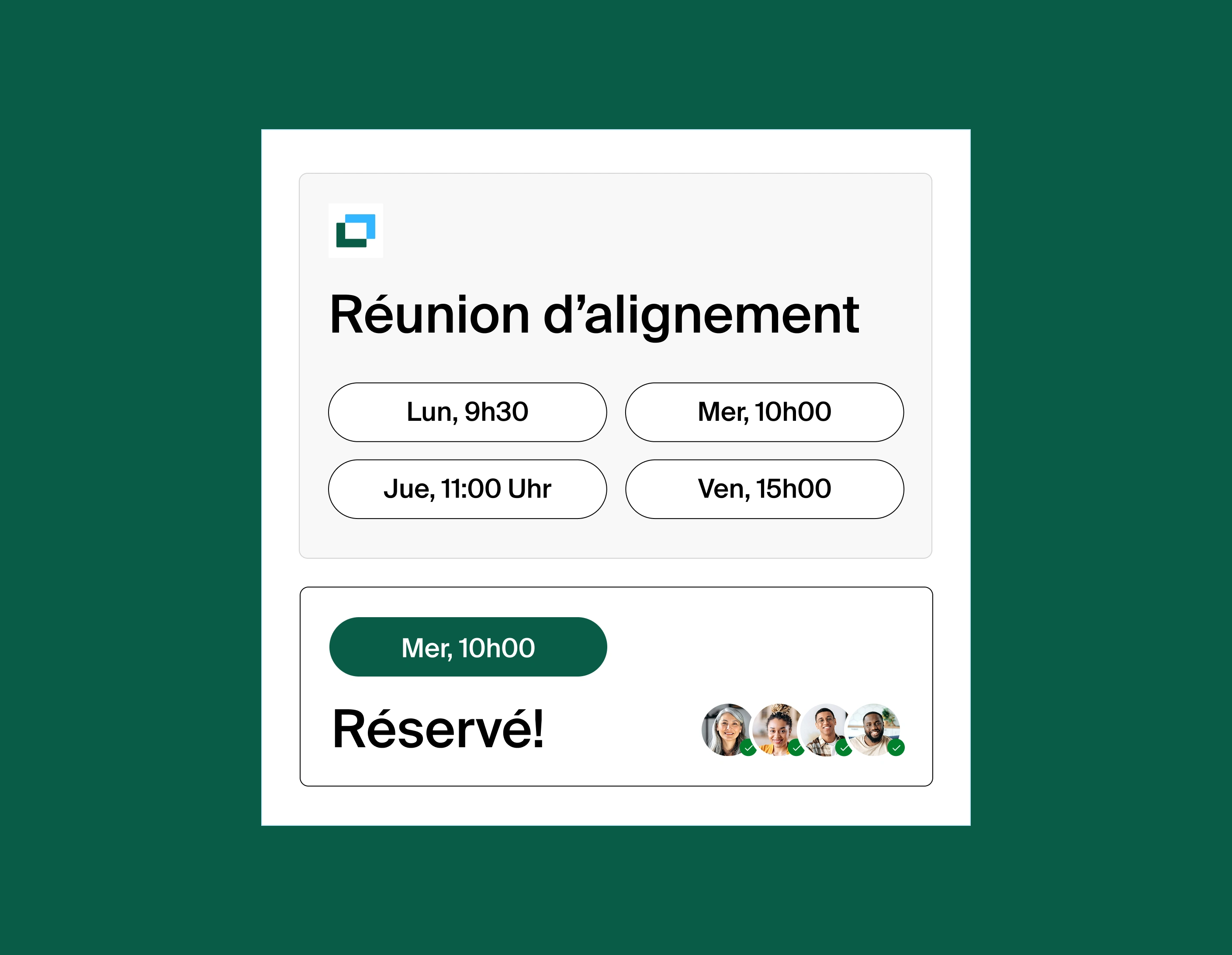A graphic showing four different meeting time options for a team sync, with Wednesday 10:00am all booked for four people