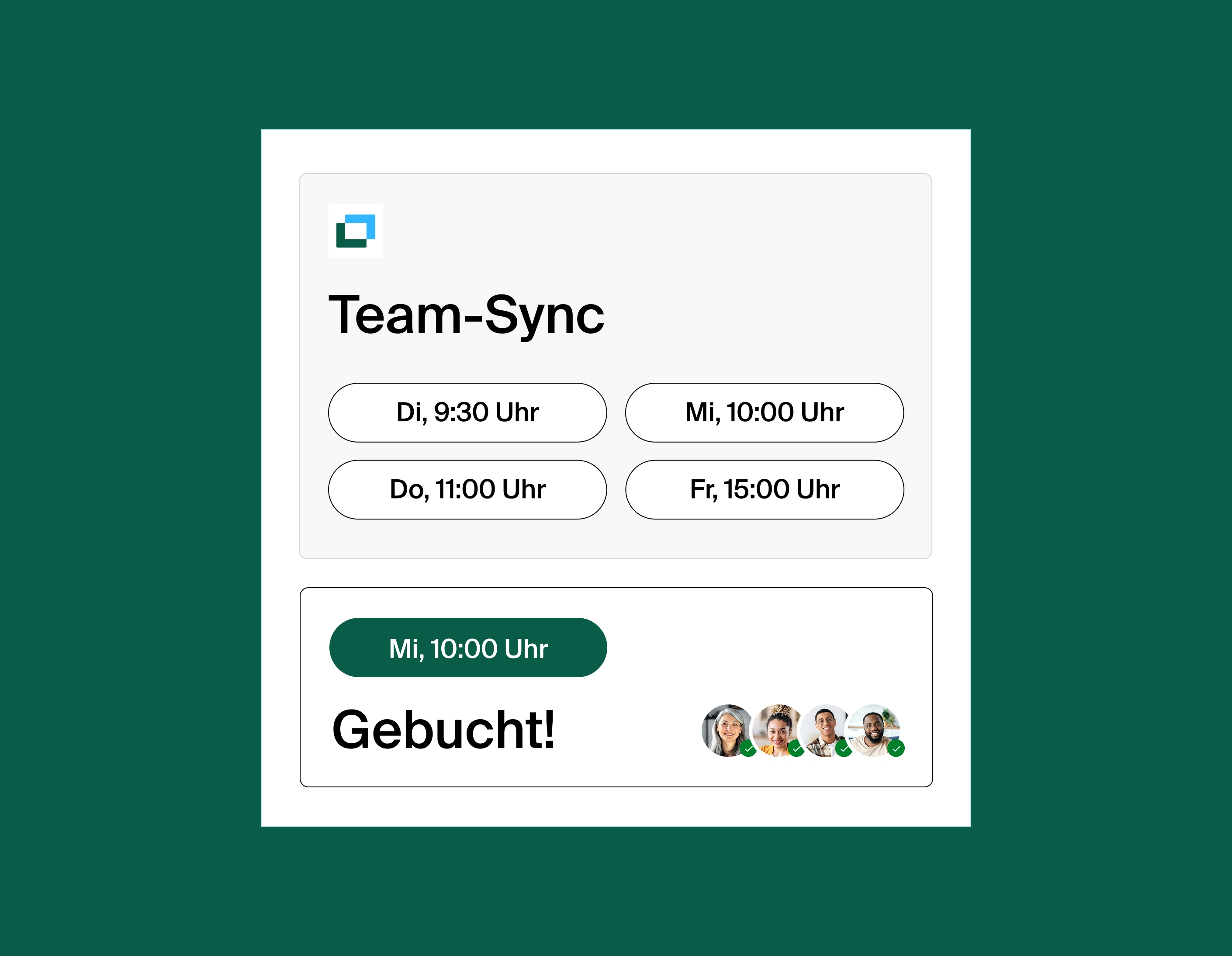 A graphic showing four different meeting time options for a team sync, with Wednesday 10:00am all booked for four people