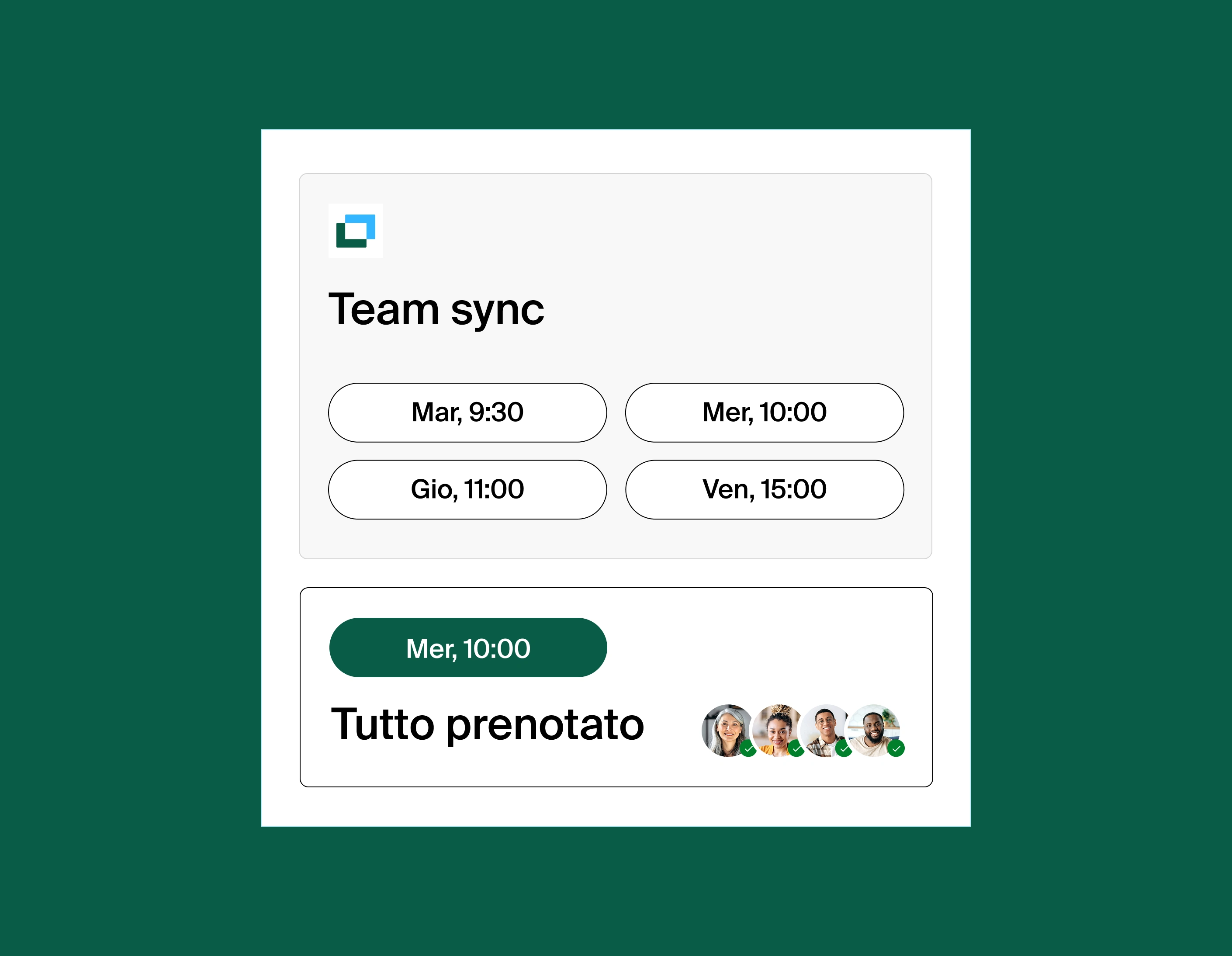 A graphic showing four different meeting time options for a team sync, with Wednesday 10:00am all booked for four people