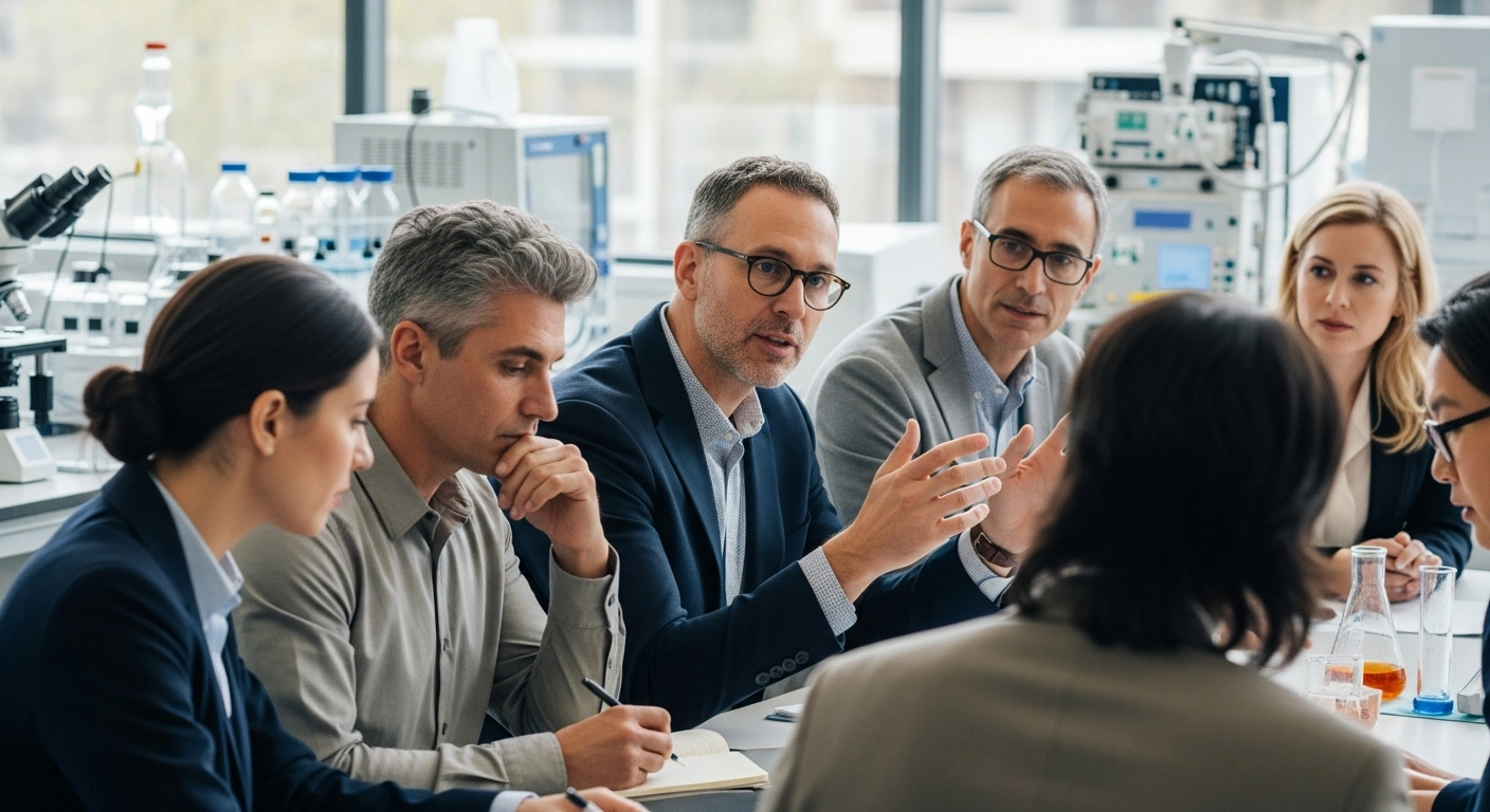 A diverse group of clinicians and researchers engaged in a collaborative workshop in a modern research facility, with medical equipment visible in the background.