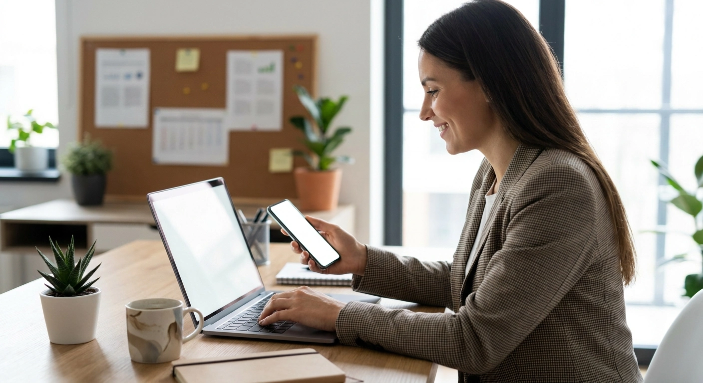 A cooperative secretary using digital devices in a modern office to efficiently schedule an AGM, fostering a collaborative atmosphere.