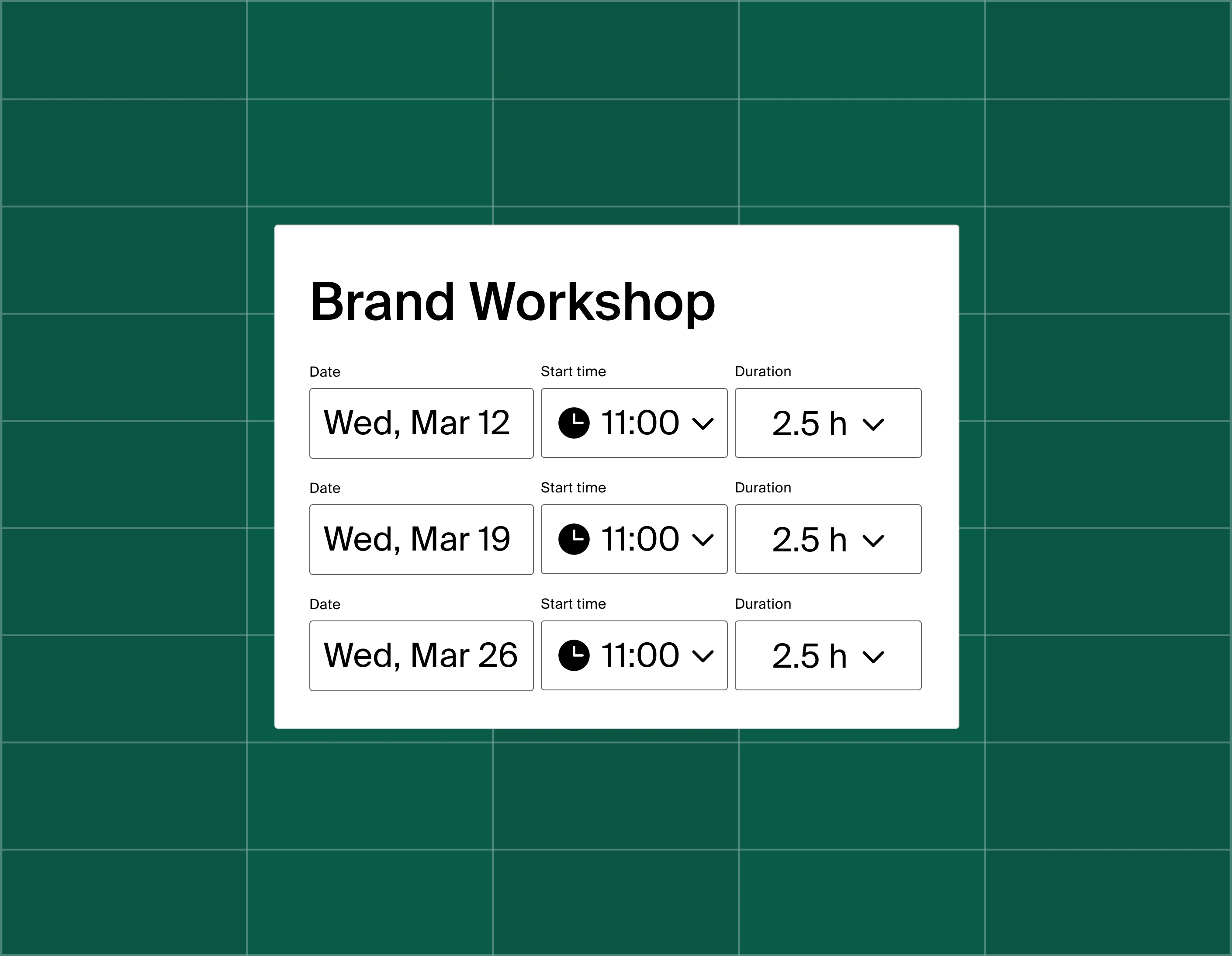 A graphic showing a list of three meeting time options for a brand workshop
