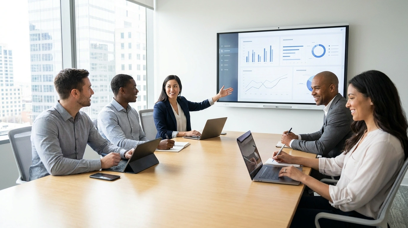 Professionals in a modern conference room using digital tools for an asynchronous strategy session.