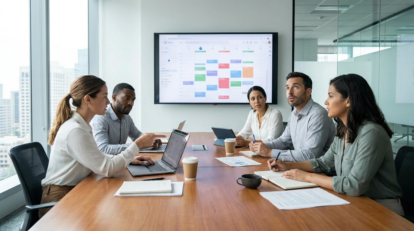 Financial advisors in a modern conference room discussing schedules for family office investment advisory meetings, with laptops and a digital calendar visible.