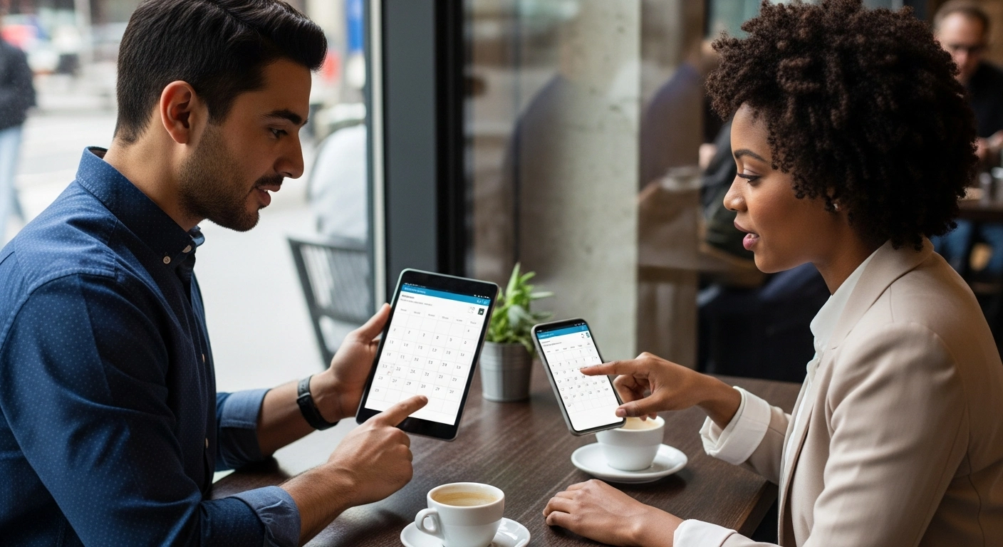 Two executive assistants collaborating in an urban cafe, using a tablet and smartphone to coordinate schedules, surrounded by a modern and bustling atmosphere.
