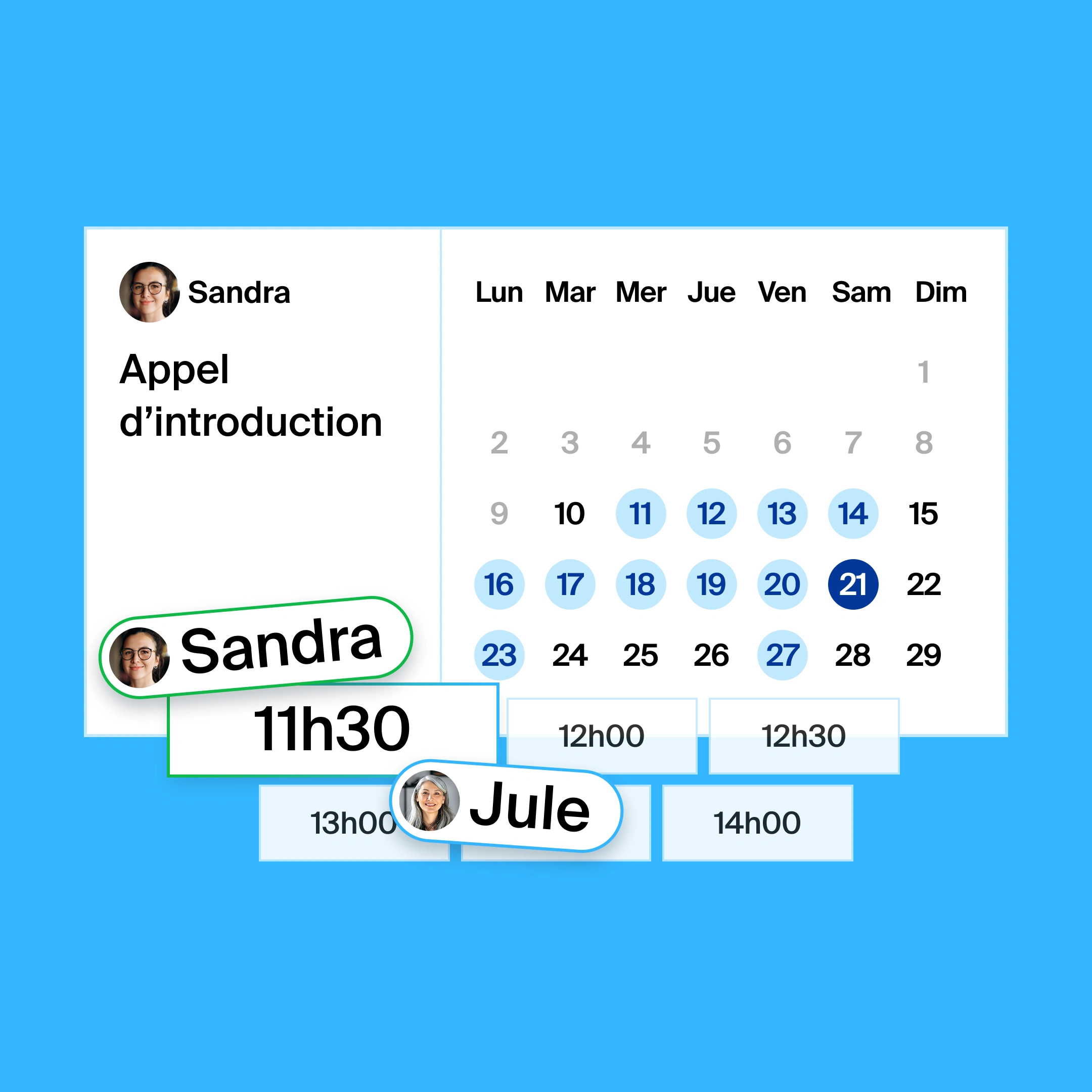 a booking page for an intro call, where the organizer and participant found 11:30am as the common meeting time