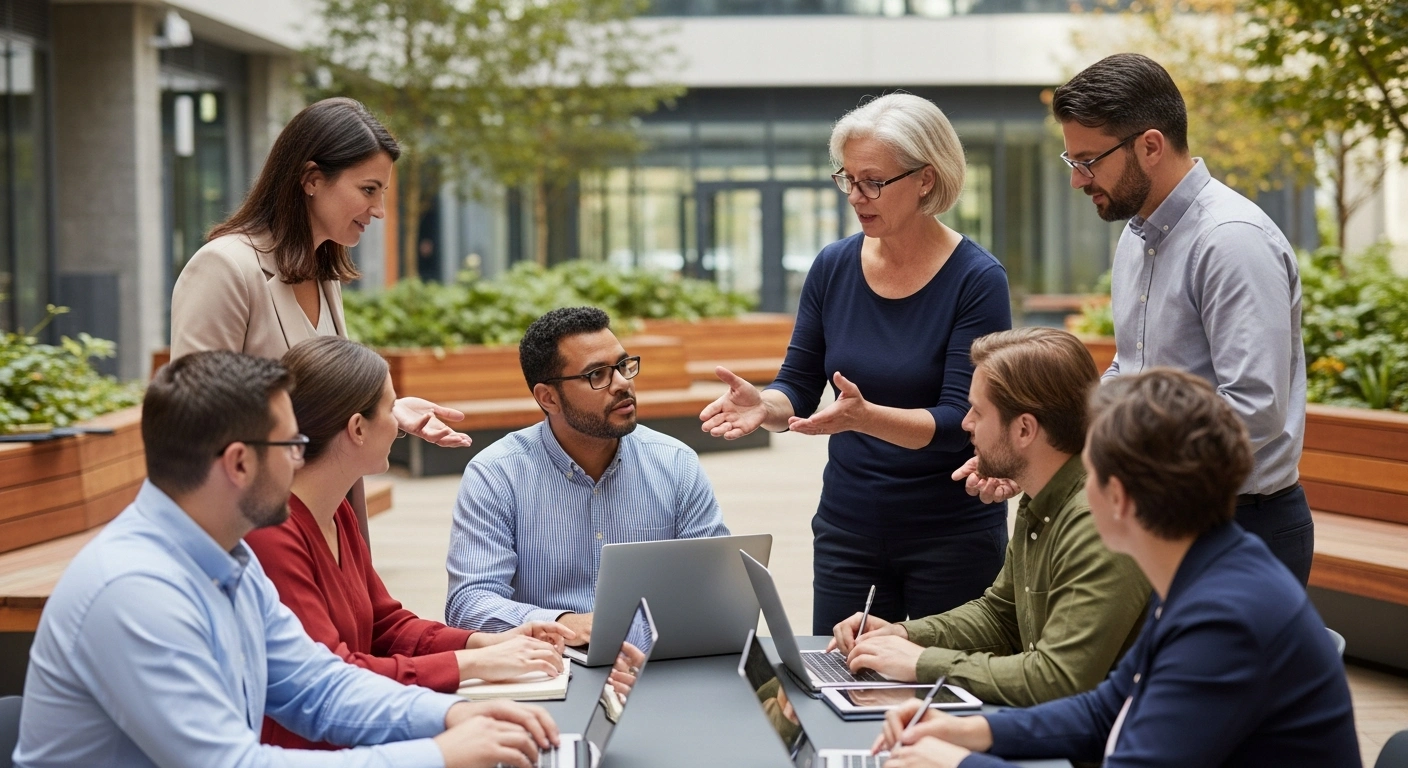 A diverse group of IT operations leads from different vendors energetically discussing during a multi-vendor incident review call in a modern urban community space.