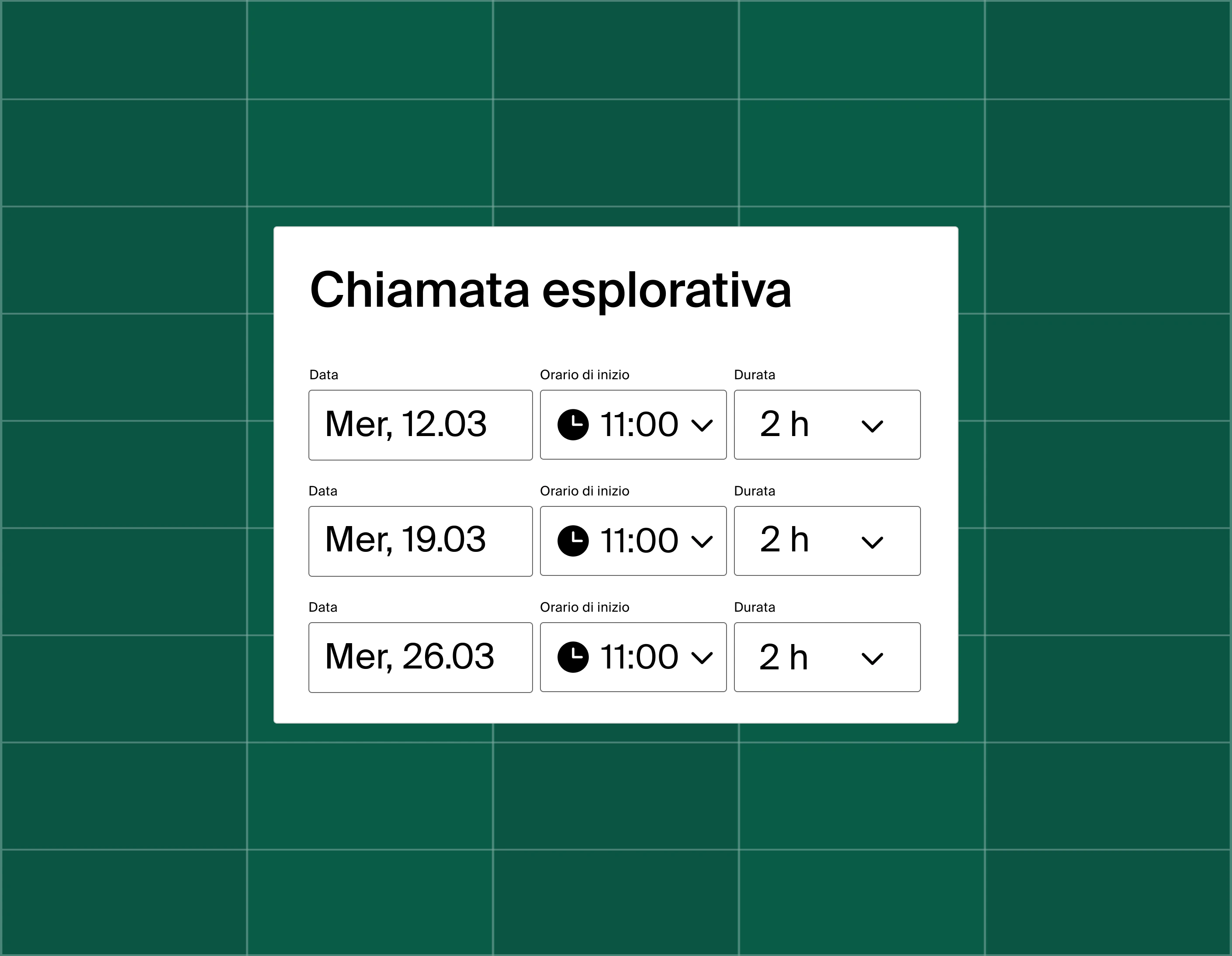 A graphic showing a list of three meeting time options for a discovery call