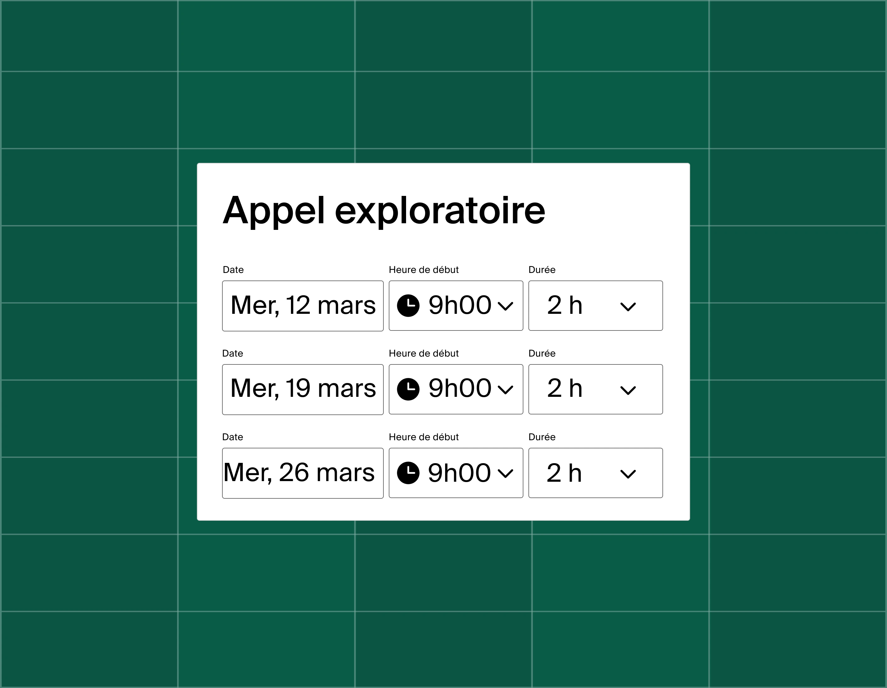 A graphic showing a list of three meeting time options for a discovery call