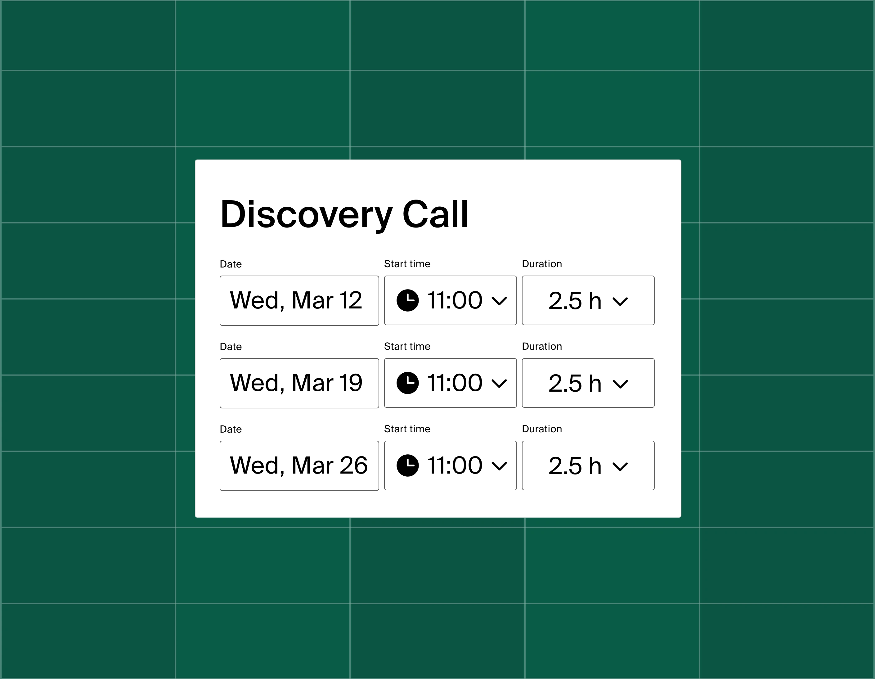 A graphic showing a list of three meeting time options for a discovery call