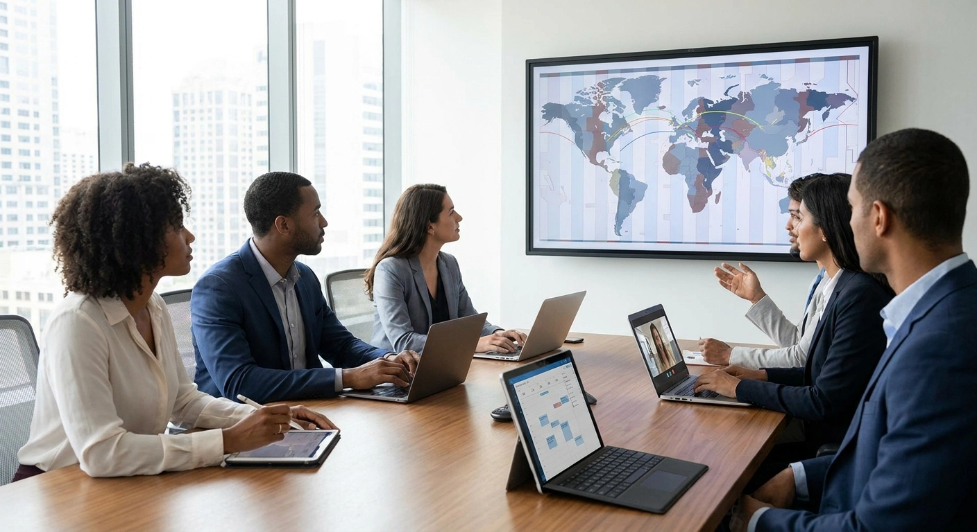 Professionals in a modern office conference room collaborating and scheduling a meeting using a digital screen displaying a world map with time zones.
