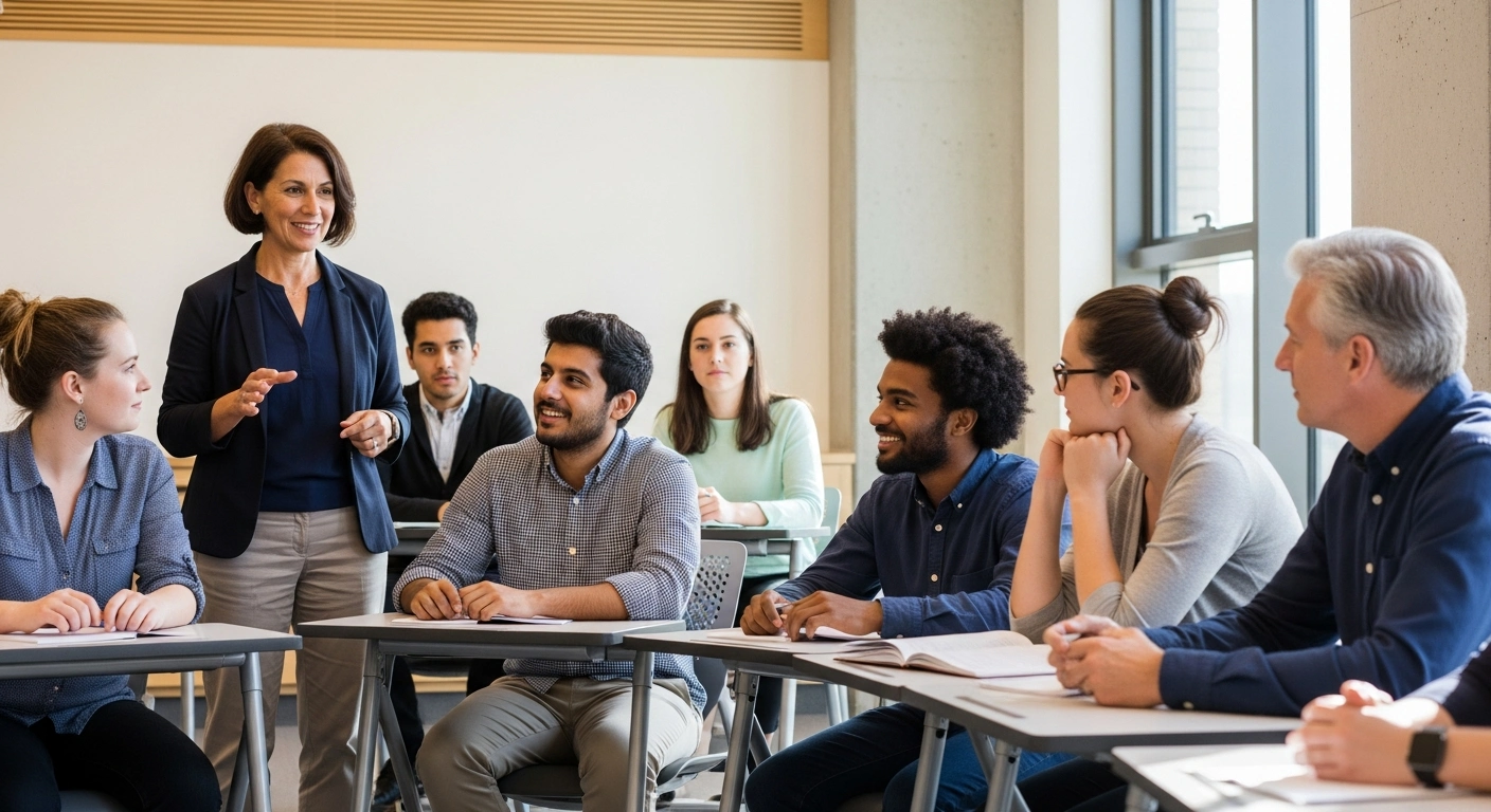 A diverse group of university students and their dean actively participating in an advisory board meeting in a modern classroom, highlighting collaboration and engagement.