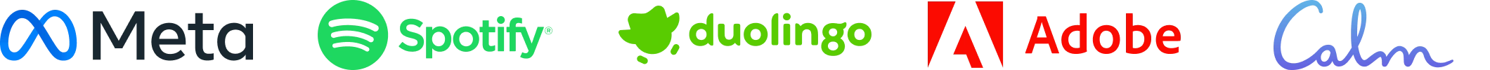 A group of logos including Meta Platforms (Facebook), Spotify, Duolingo, Adobe Inc., Calm
