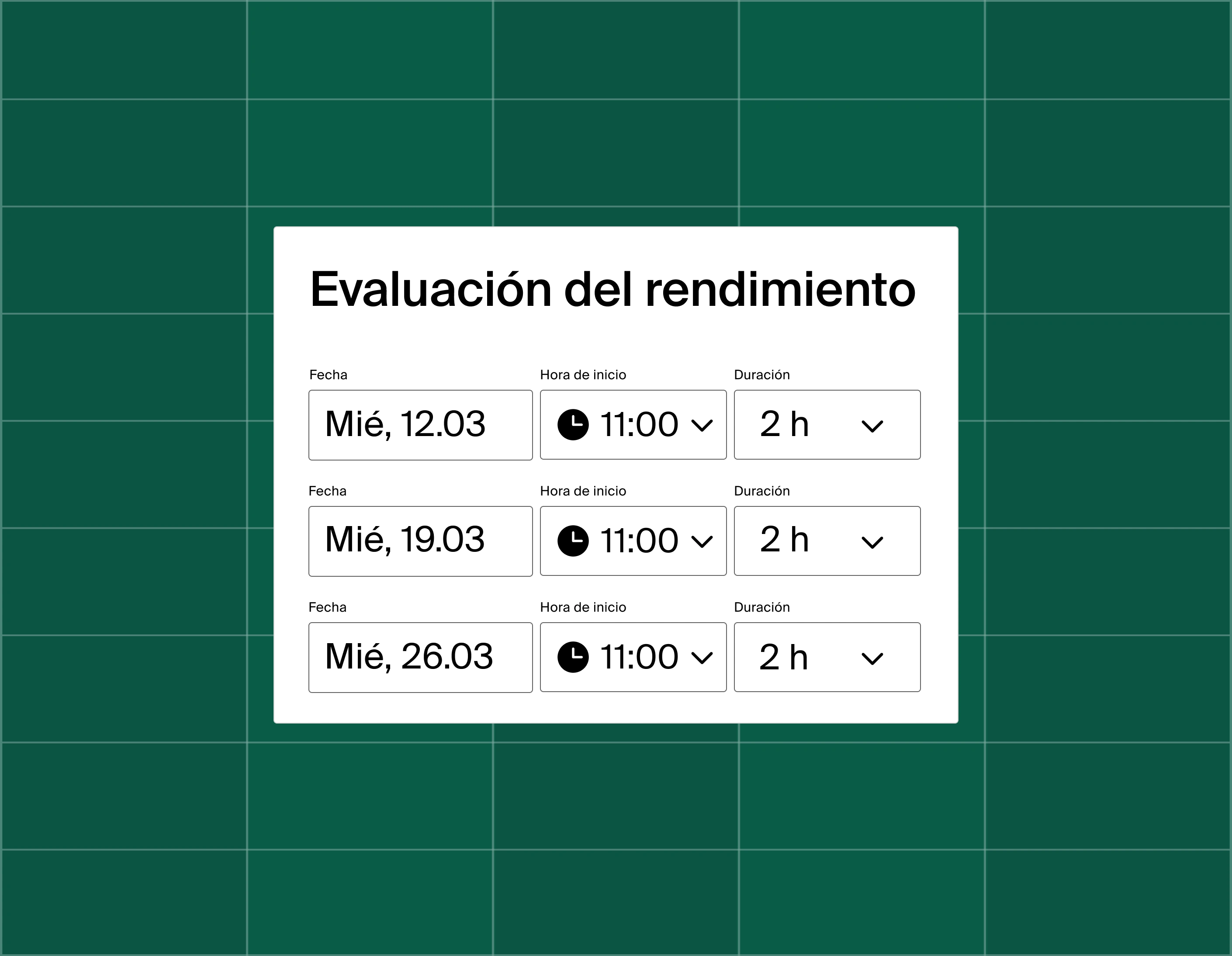 A graphic showing a list of three meeting time options for a performance review