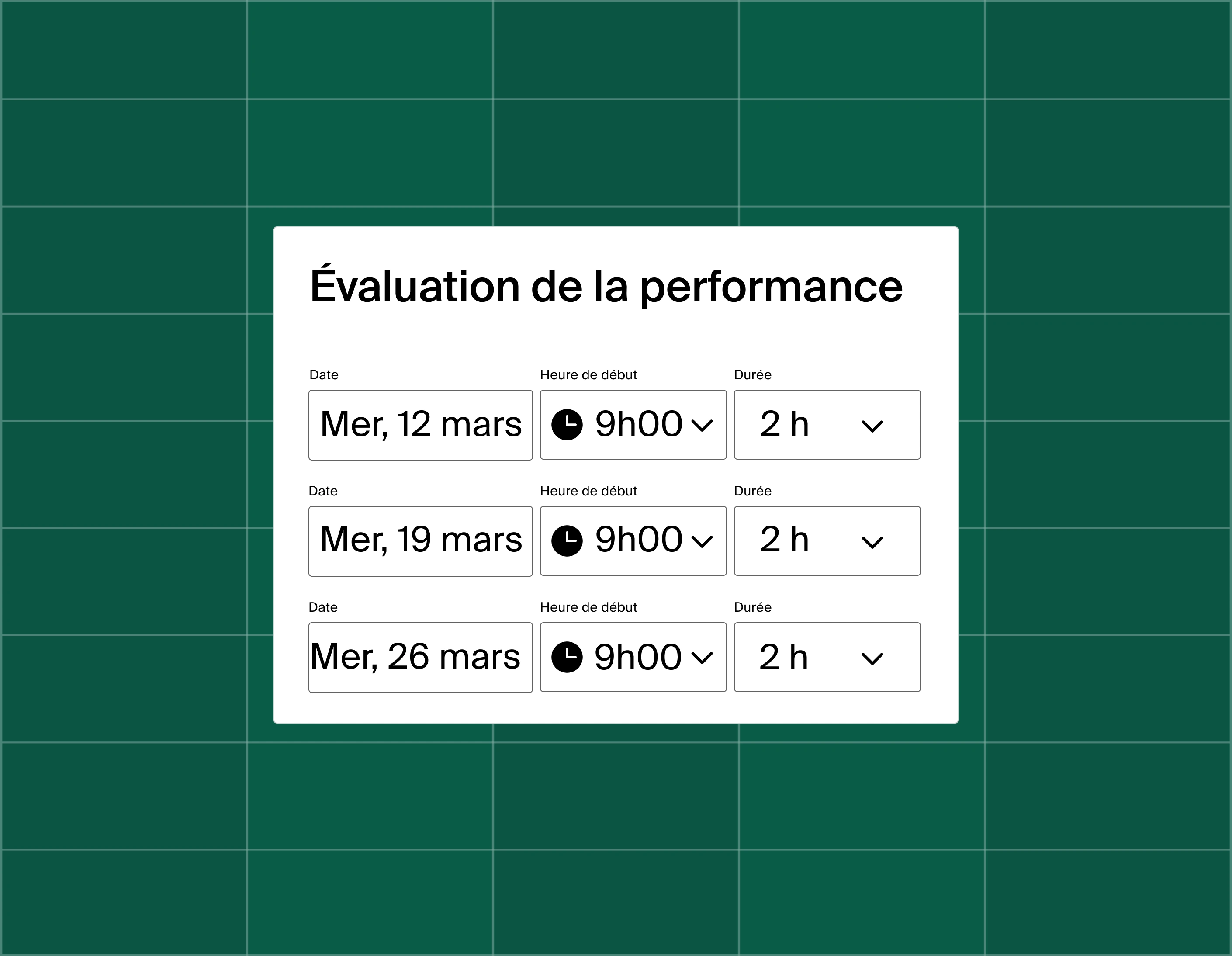 A graphic showing a list of three meeting time options for a performance review
