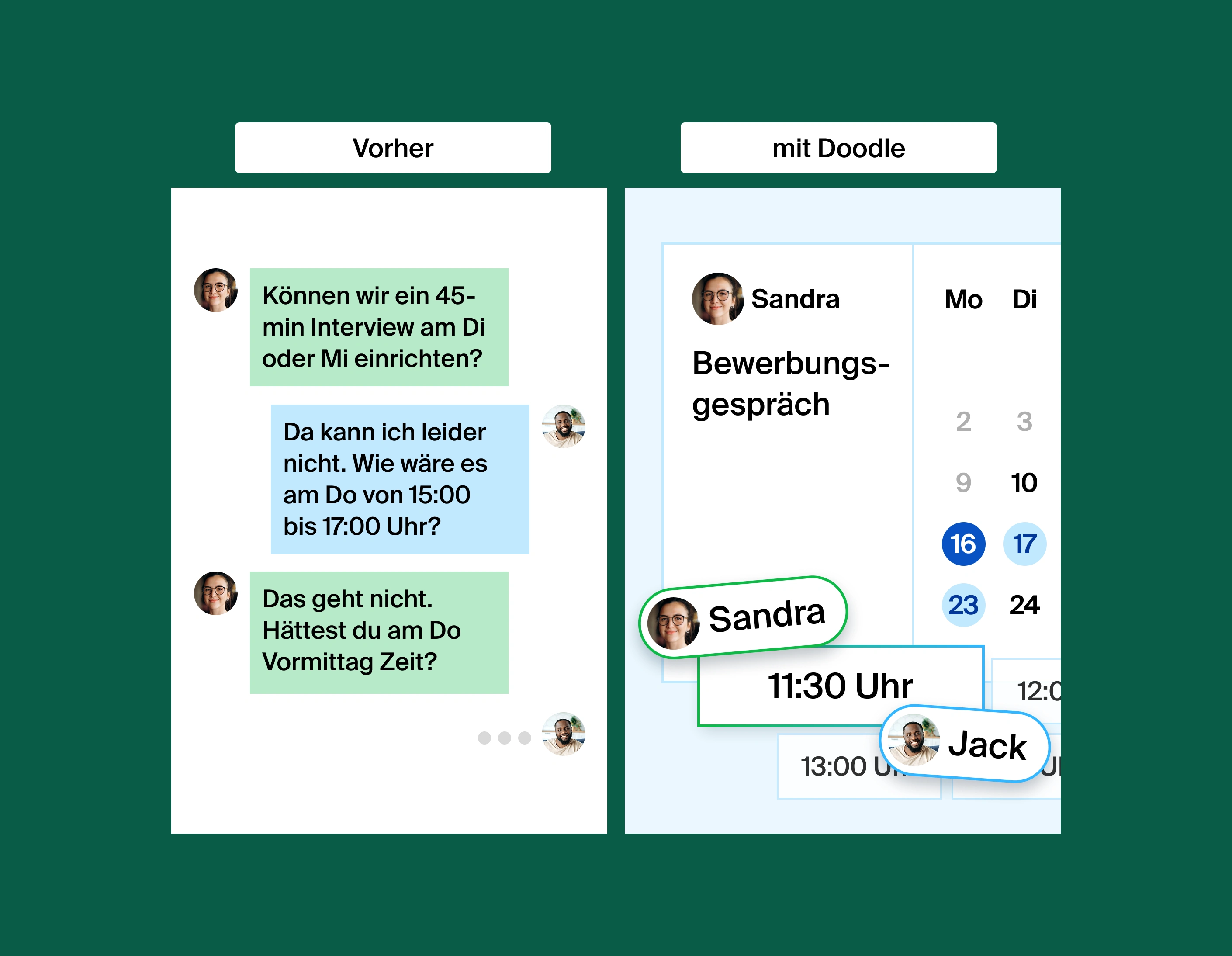 A two column image that shows what it's like before and after Doodle. Before Doodle is to the left, showing two people texting to coordinate a meeting time. After Doodle is to the right, showing a meeting time easily found through a booking page.
