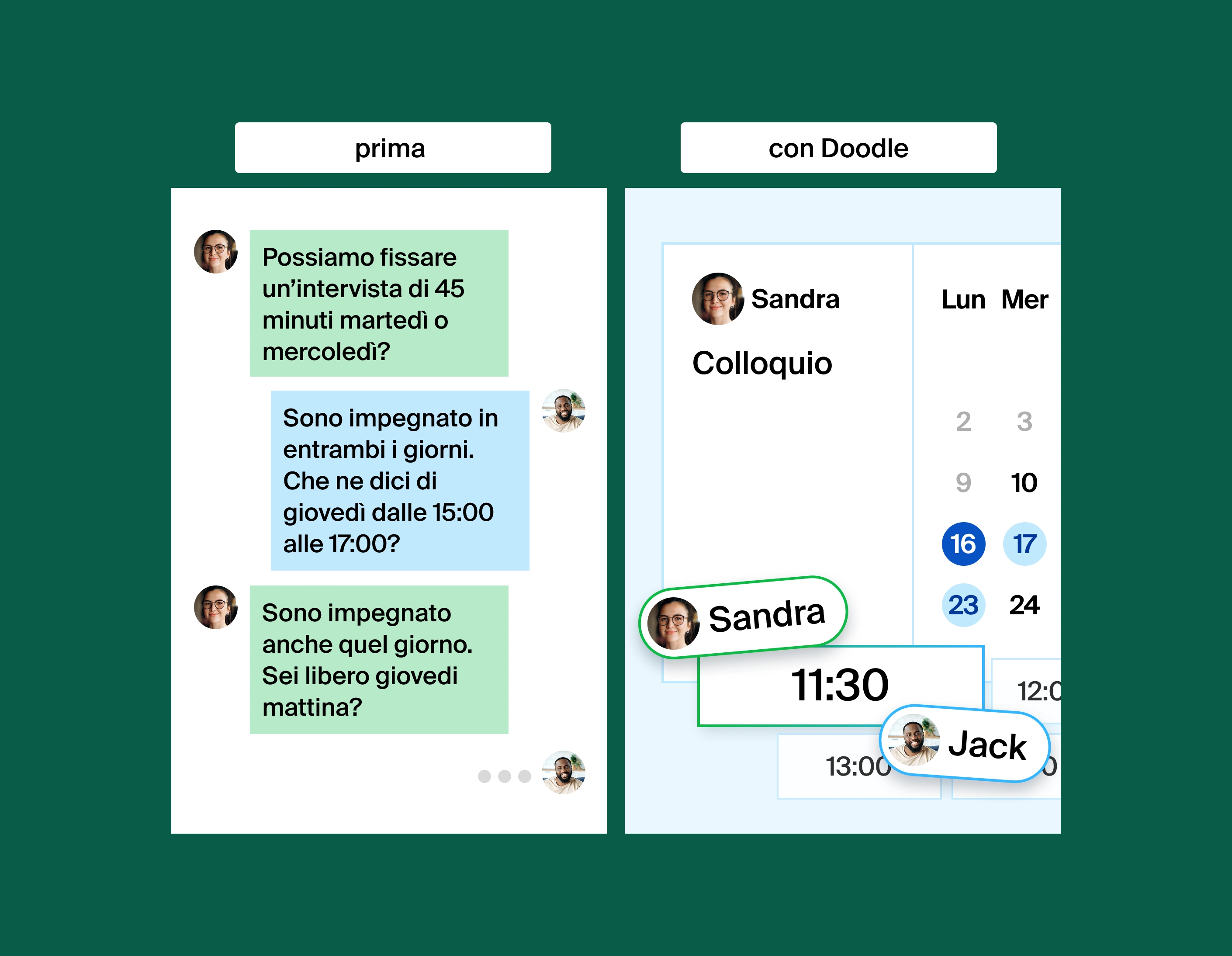 A two column image that shows what it's like before and after Doodle. Before Doodle is to the left, showing two people texting to coordinate a meeting time. After Doodle is to the right, showing a meeting time easily found through a booking page.