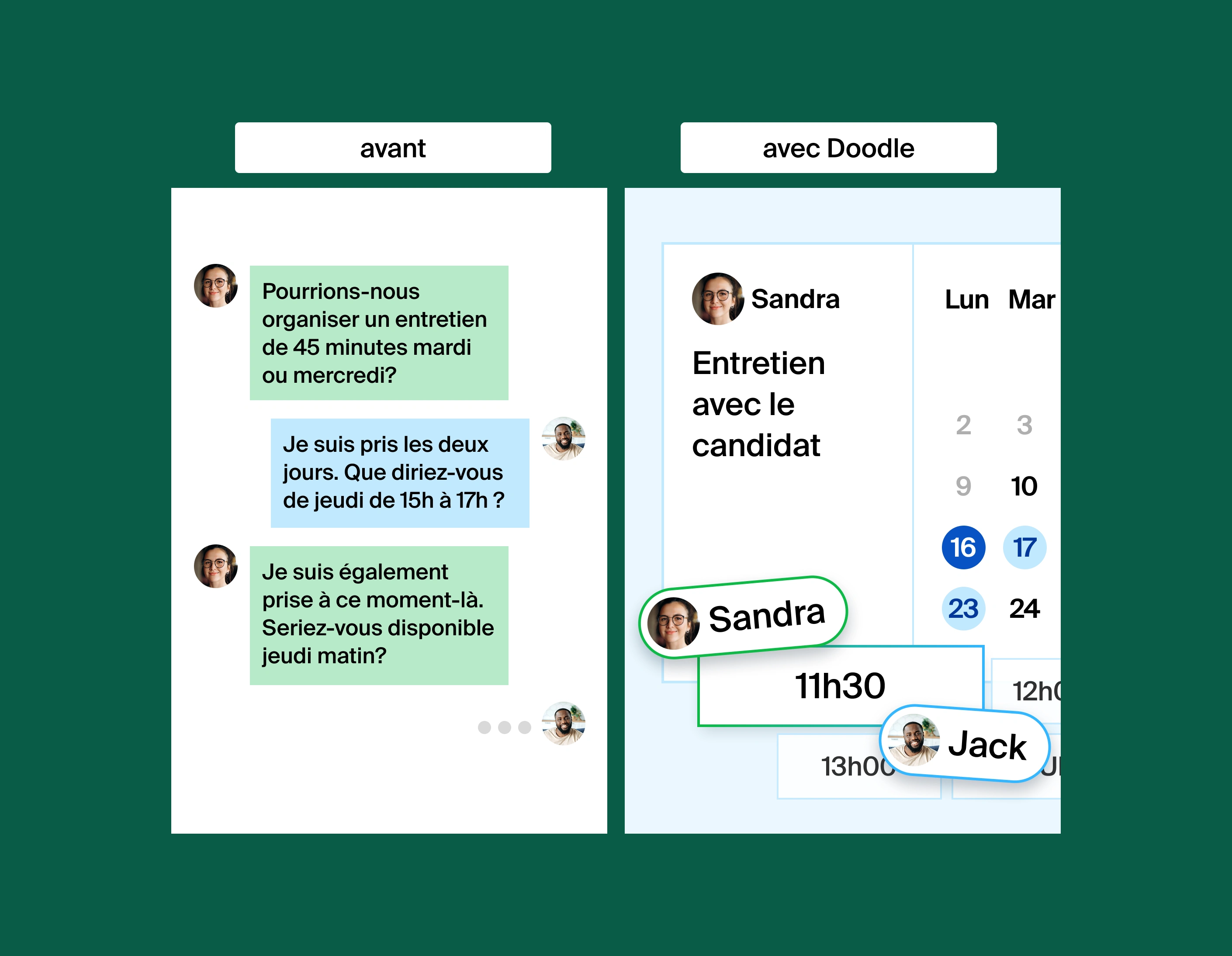 A two column image that shows what it's like before and after Doodle. Before Doodle is to the left, showing two people texting to coordinate a meeting time. After Doodle is to the right, showing a meeting time easily found through a booking page.