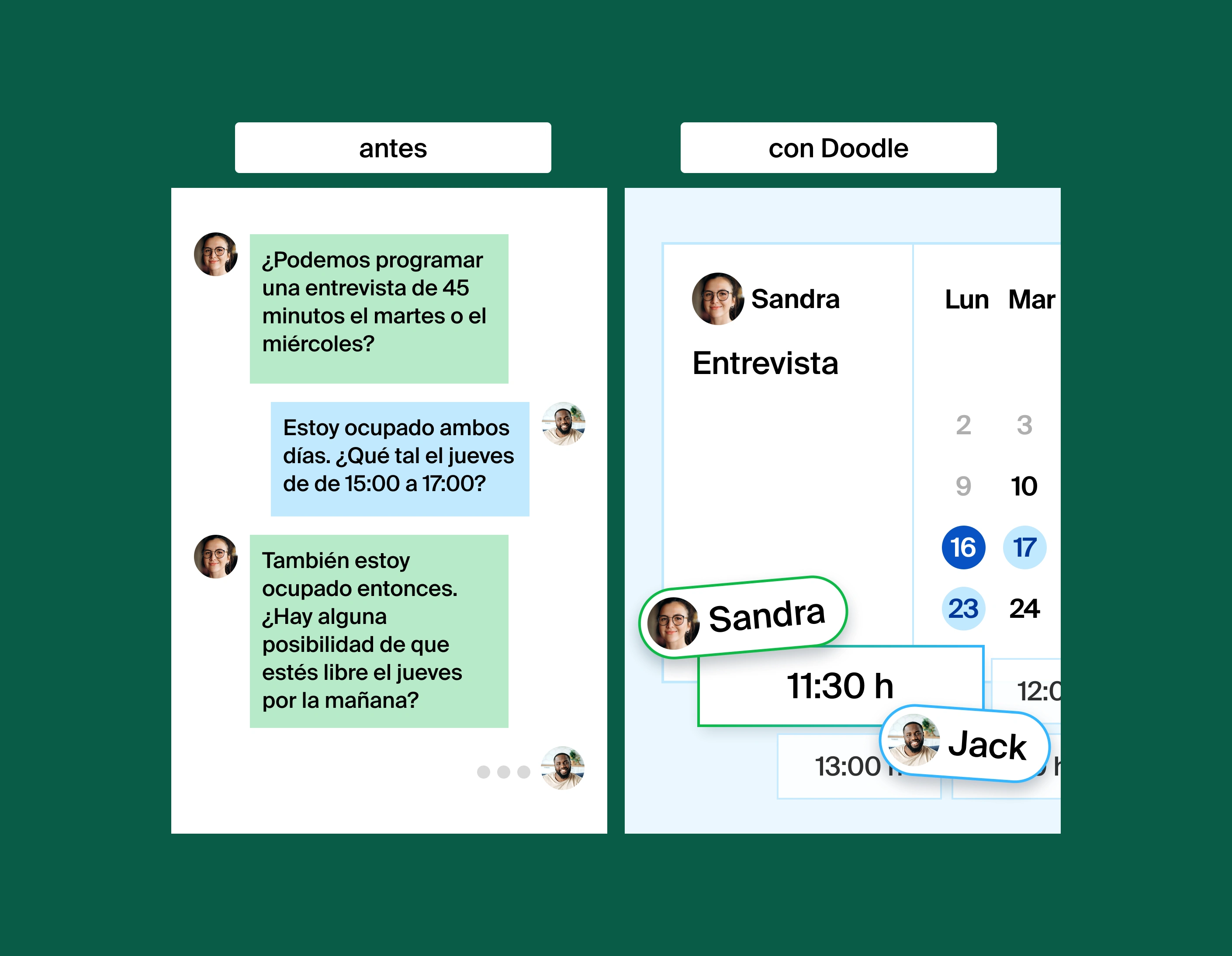 A two column image that shows what it's like before and after Doodle. Before Doodle is to the left, showing two people texting to coordinate a meeting time. After Doodle is to the right, showing a meeting time easily found through a booking page.