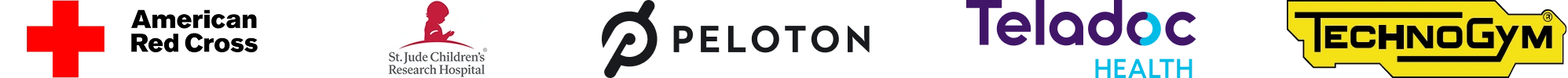 A group of logos including American Red Cross, St. Jude Children’s Research Hospital, Peloton, Teladoc Health, Technogym