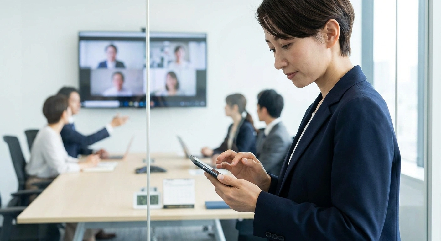 A consultant in a modern office using a smartphone to manage notifications, with a virtual meeting taking place in the background.