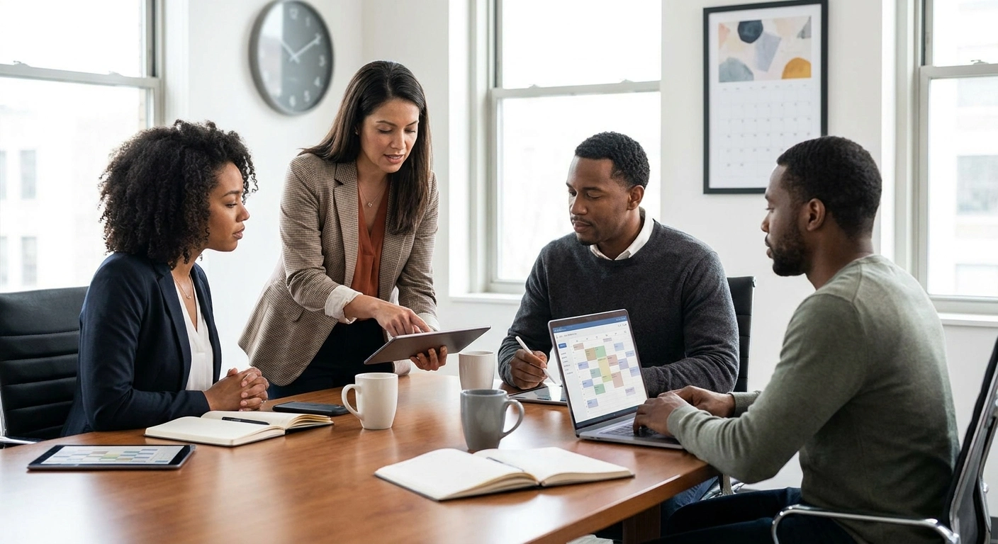 Nonprofit executives planning a donor meeting using digital tools in a modern conference room.