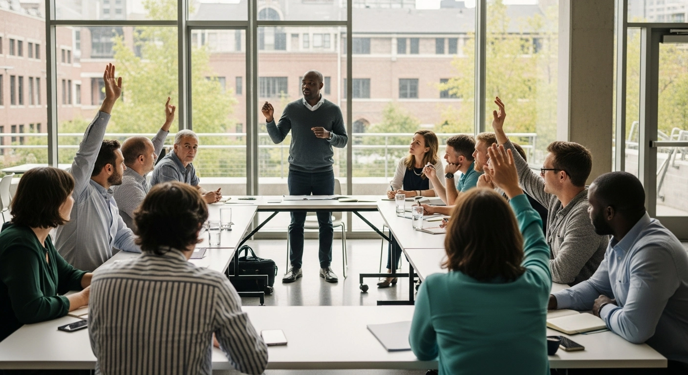 A diverse group of professionals in a community center actively participating in an HR workshop, with a facilitator leading the discussion and participants engaging in decision-making activities.