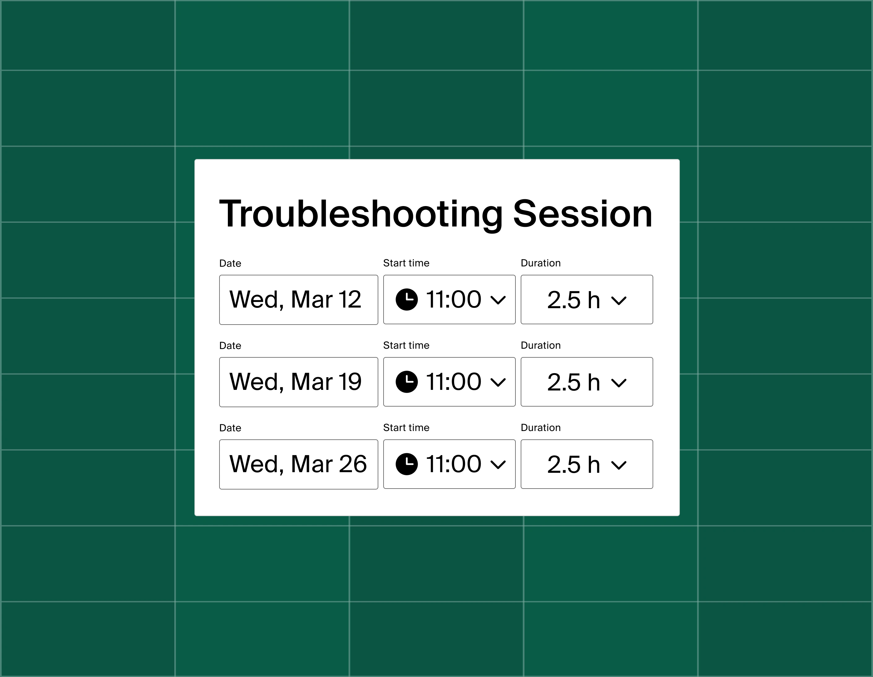 A graphic showing a list of three meeting time options for a troubleshooting session