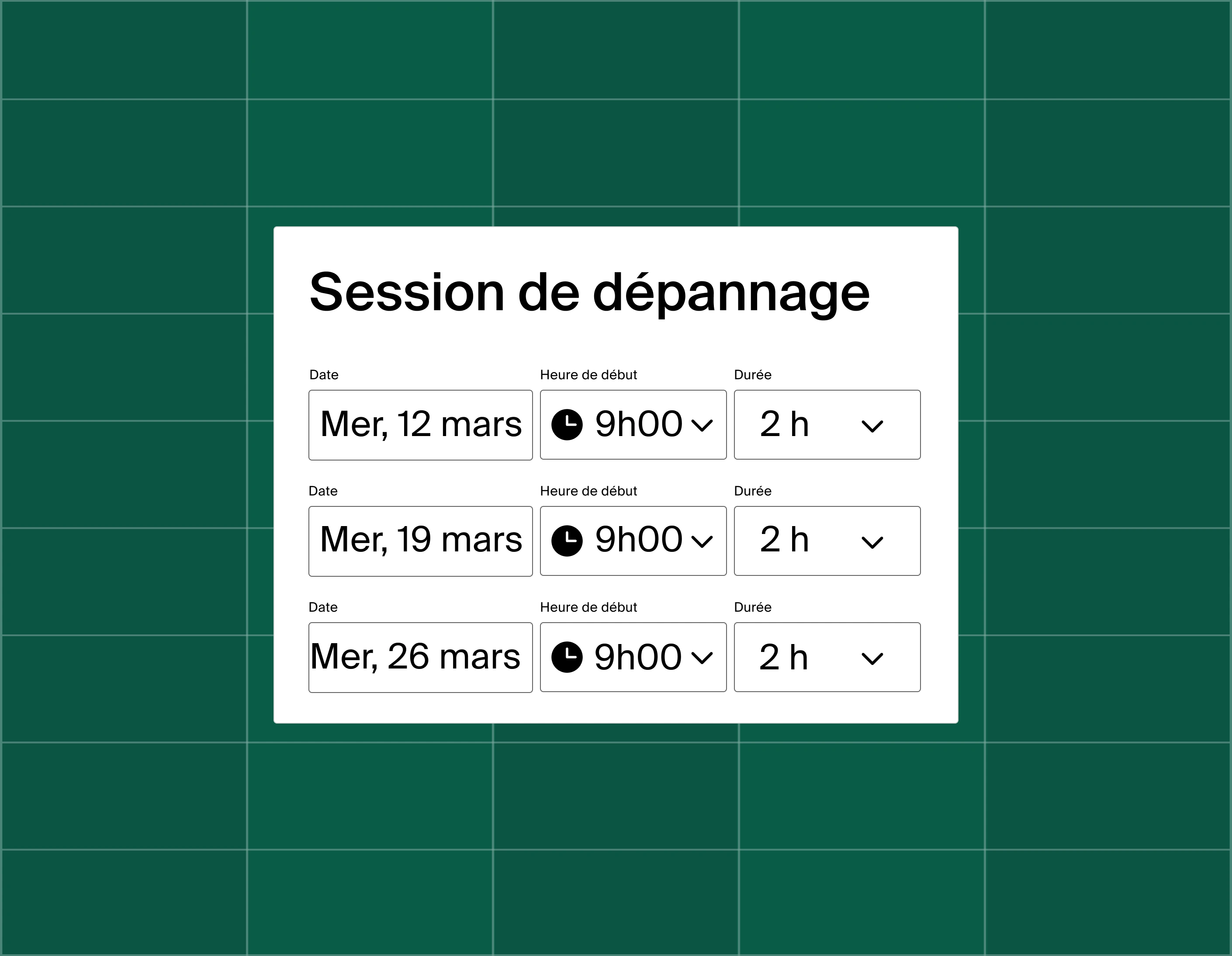 A graphic showing a list of three meeting time options for a troubleshooting session