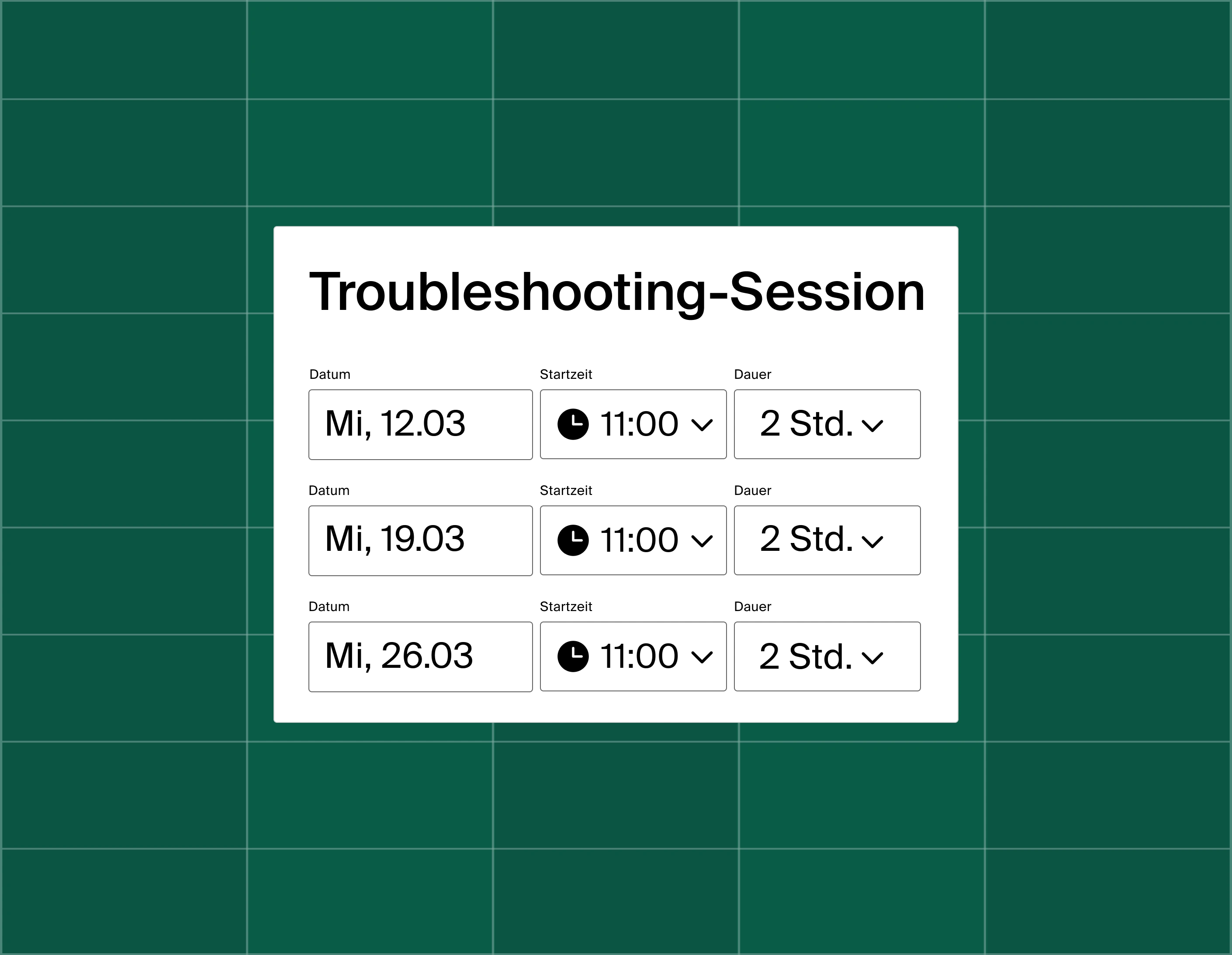 A graphic showing a list of three meeting time options for a troubleshooting session